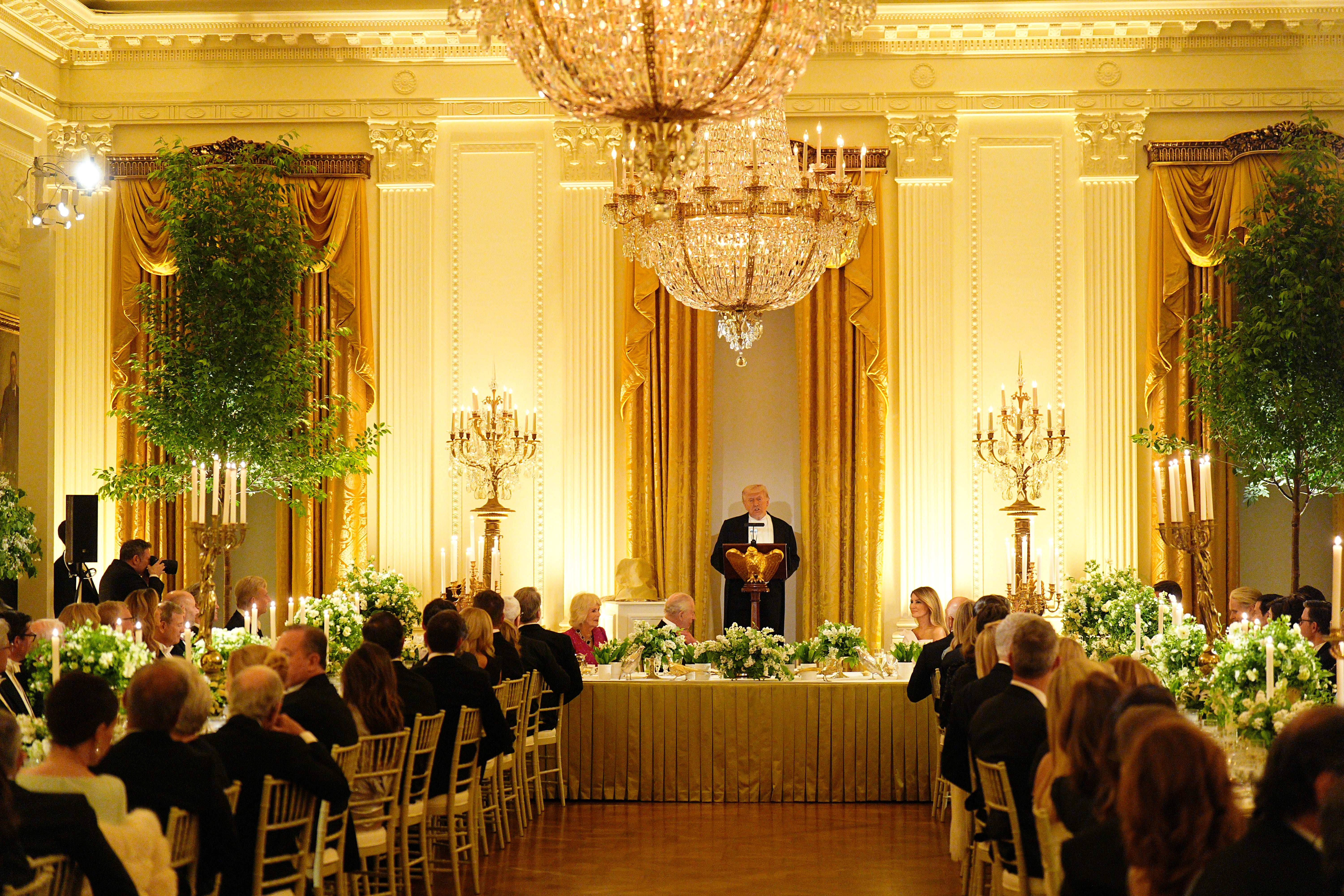 Trump gives a speech at the State Dinner for King Charles III and Queen Camilla on day two of the state visit at the White House in Washington DC