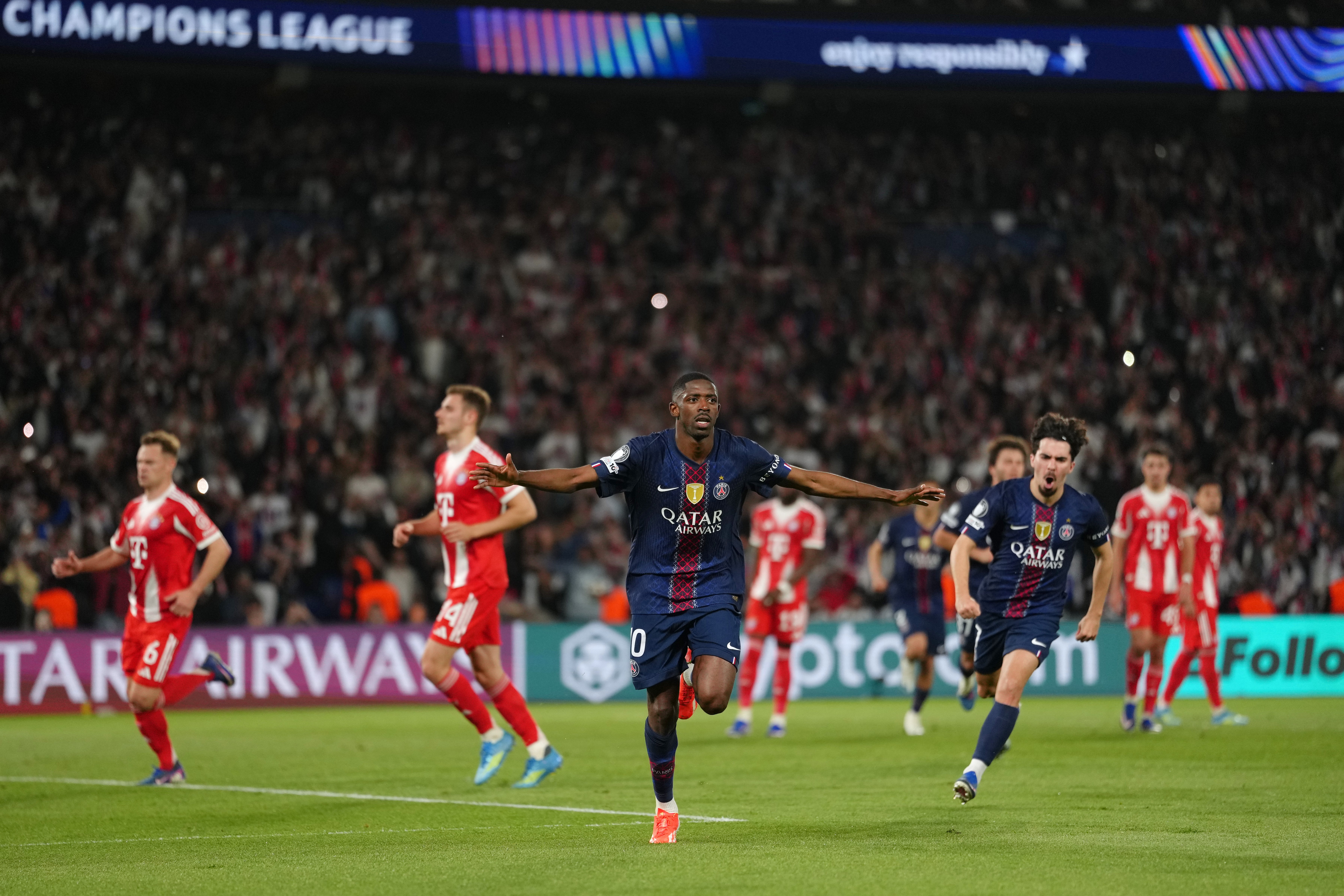 PSG’s Ousmane Dembele celebrates scoring against Bayern Munich