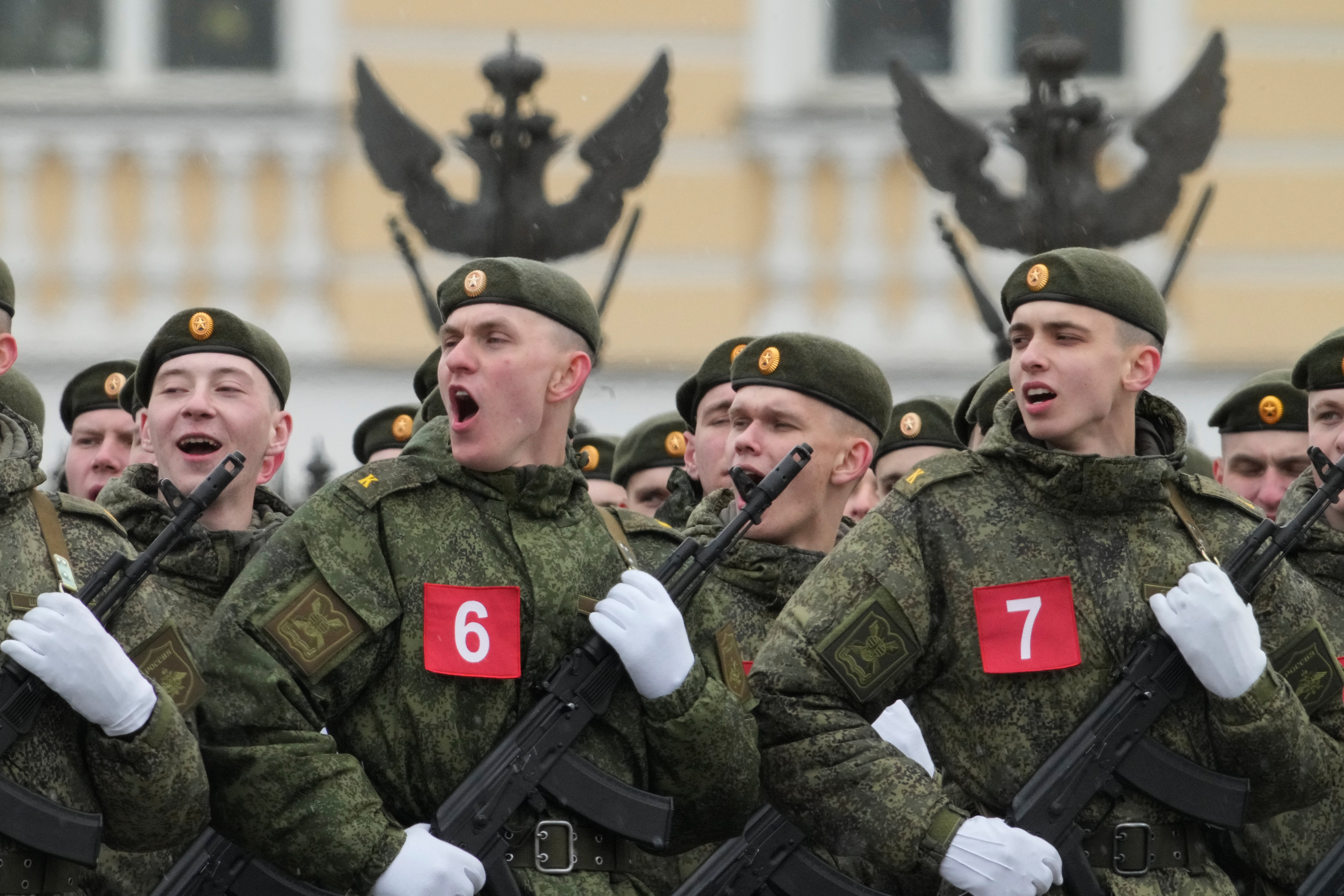 Troops attend a rehearsal for the Victory Day military parade at the Dvortsovaya (Palace) Square in St. Petersburg, Russia