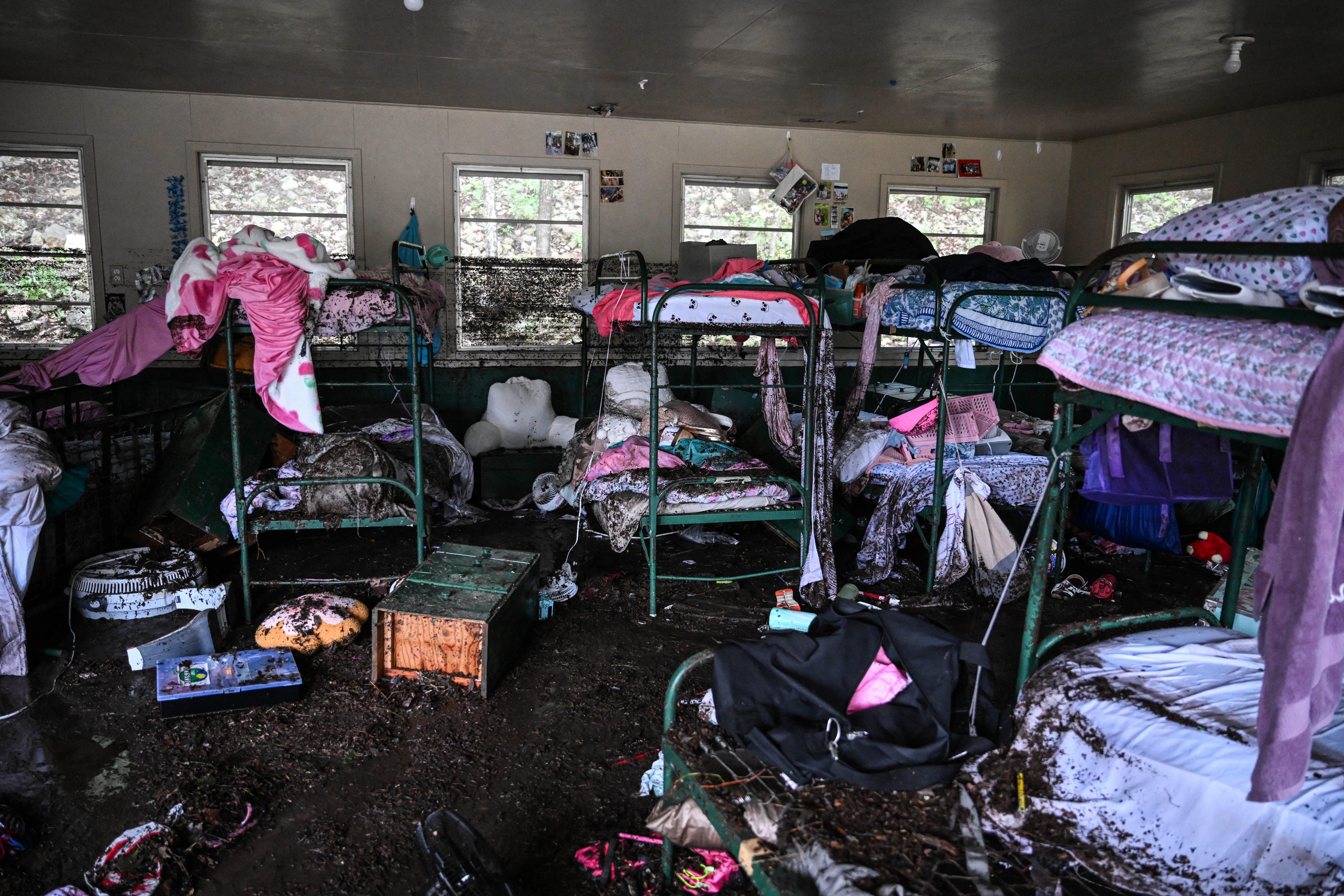A view inside of a cabin at Camp Mystic after the devastating floods