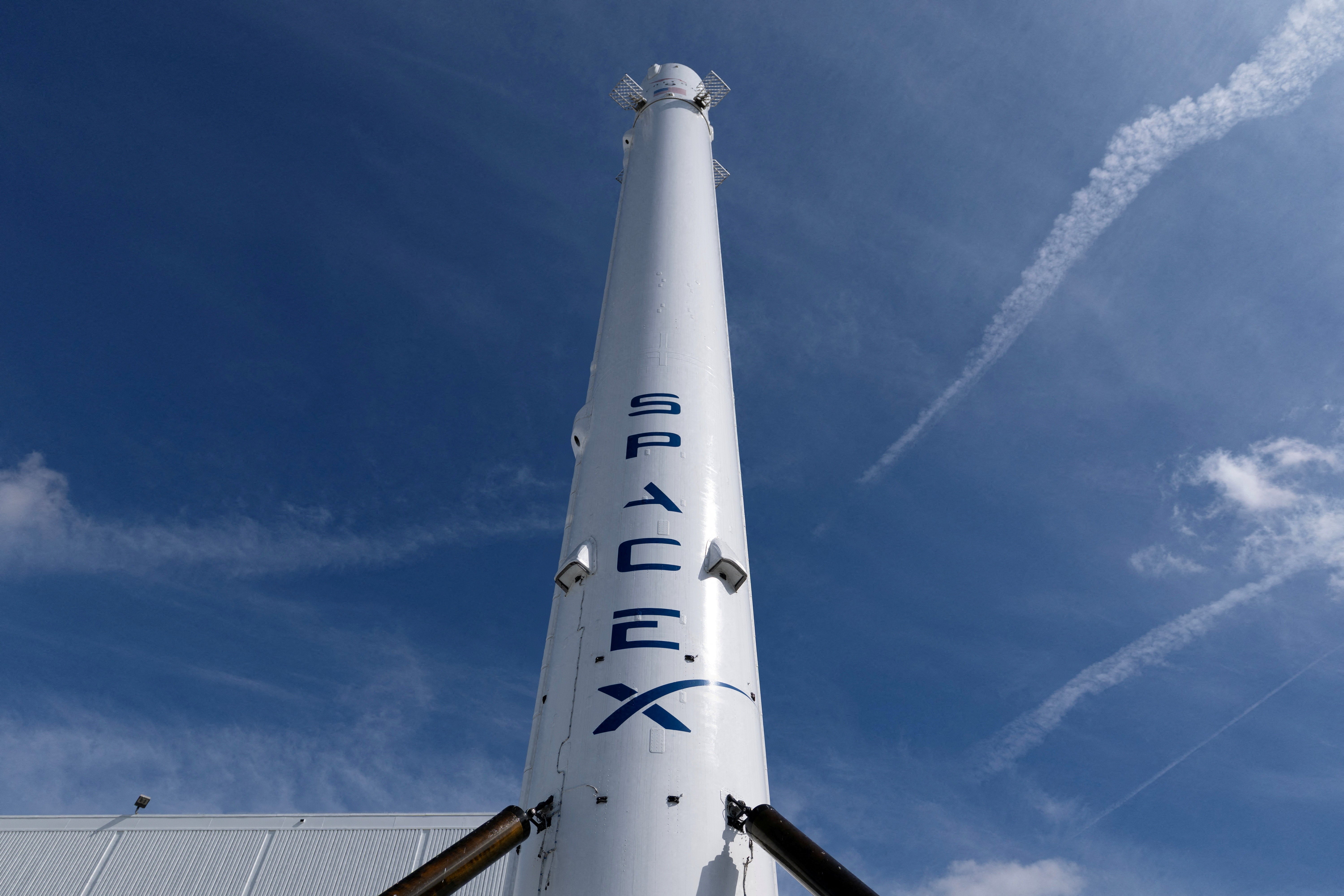 The SpaceX Falcon 9 rocket booster is shown outside the company's facility in Hawthorne California, U.S., April 23, 2026