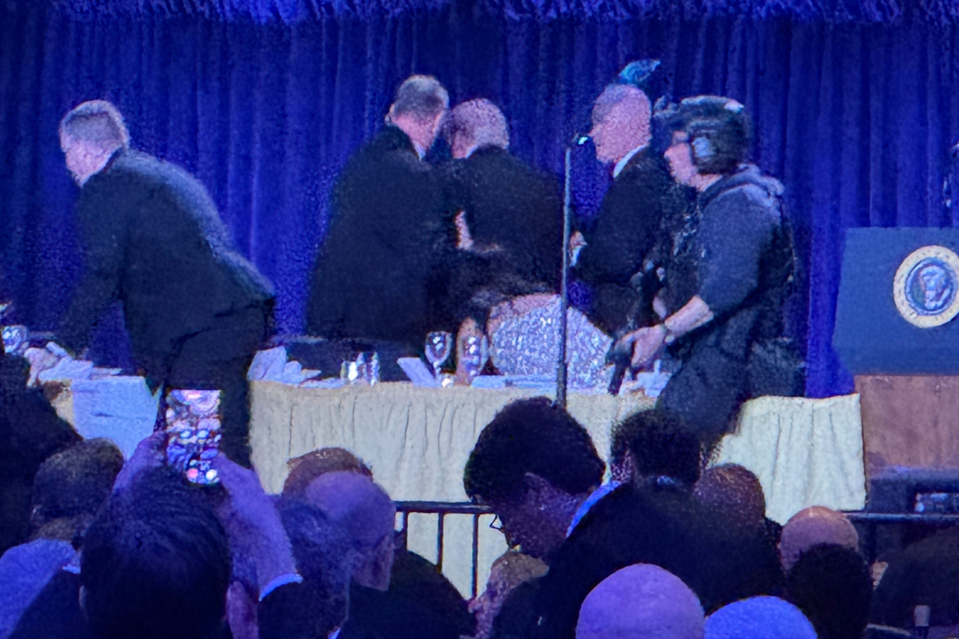 Secret Service agents rush Donald Trump out of the room following an attempted assasination attempt during the White House Correspondent’s dinner Saturday. Days before Jimmy Kimmel had made a joke about the First Lady having the ‘glow of an expectant widow’