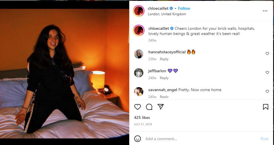 Chloe Cailet posting on Instagram