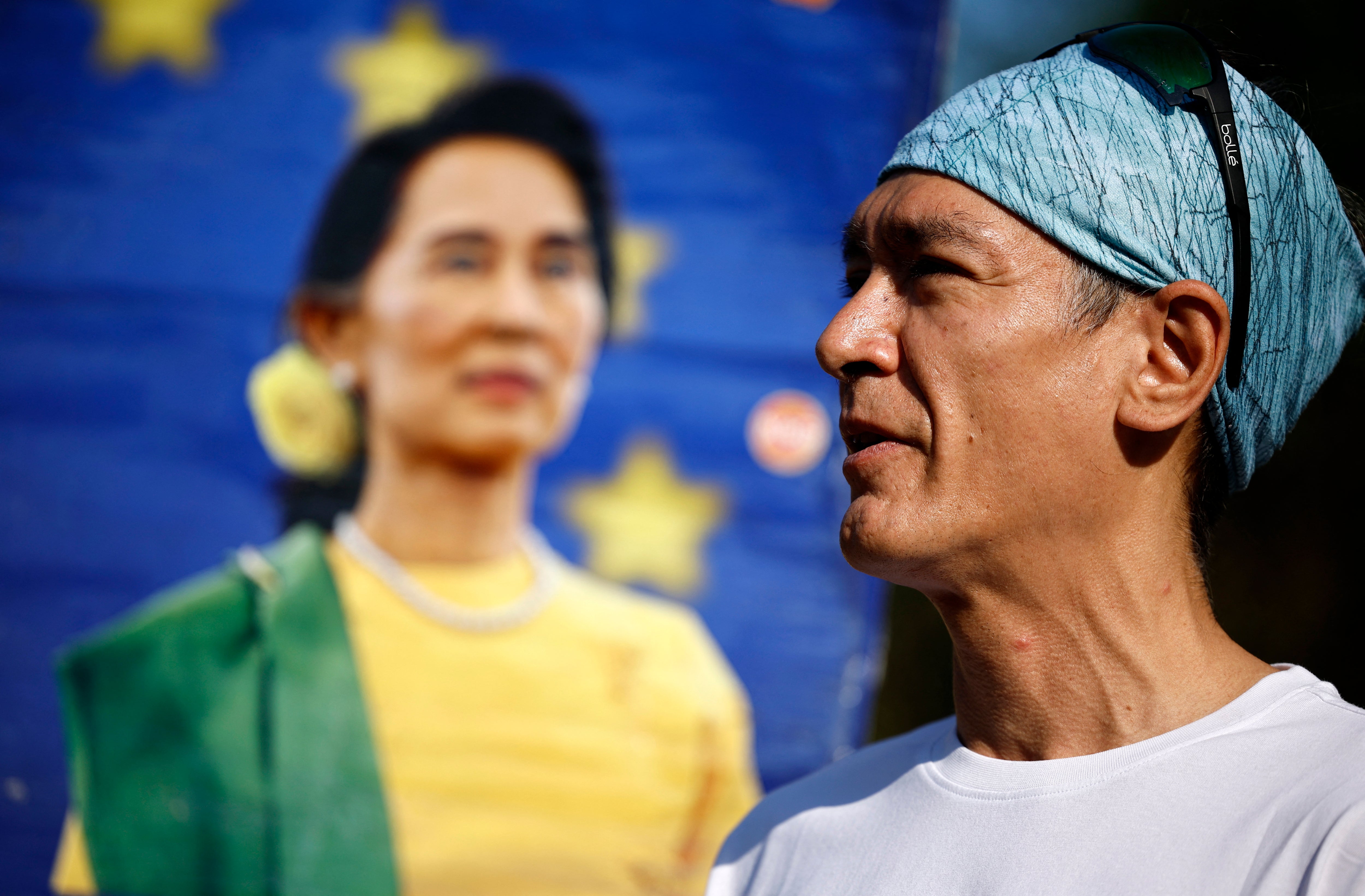 Kim Aris, son of Aung San Suu Kyi, speaks to supporters in London on his mother’s 80th birthday last year