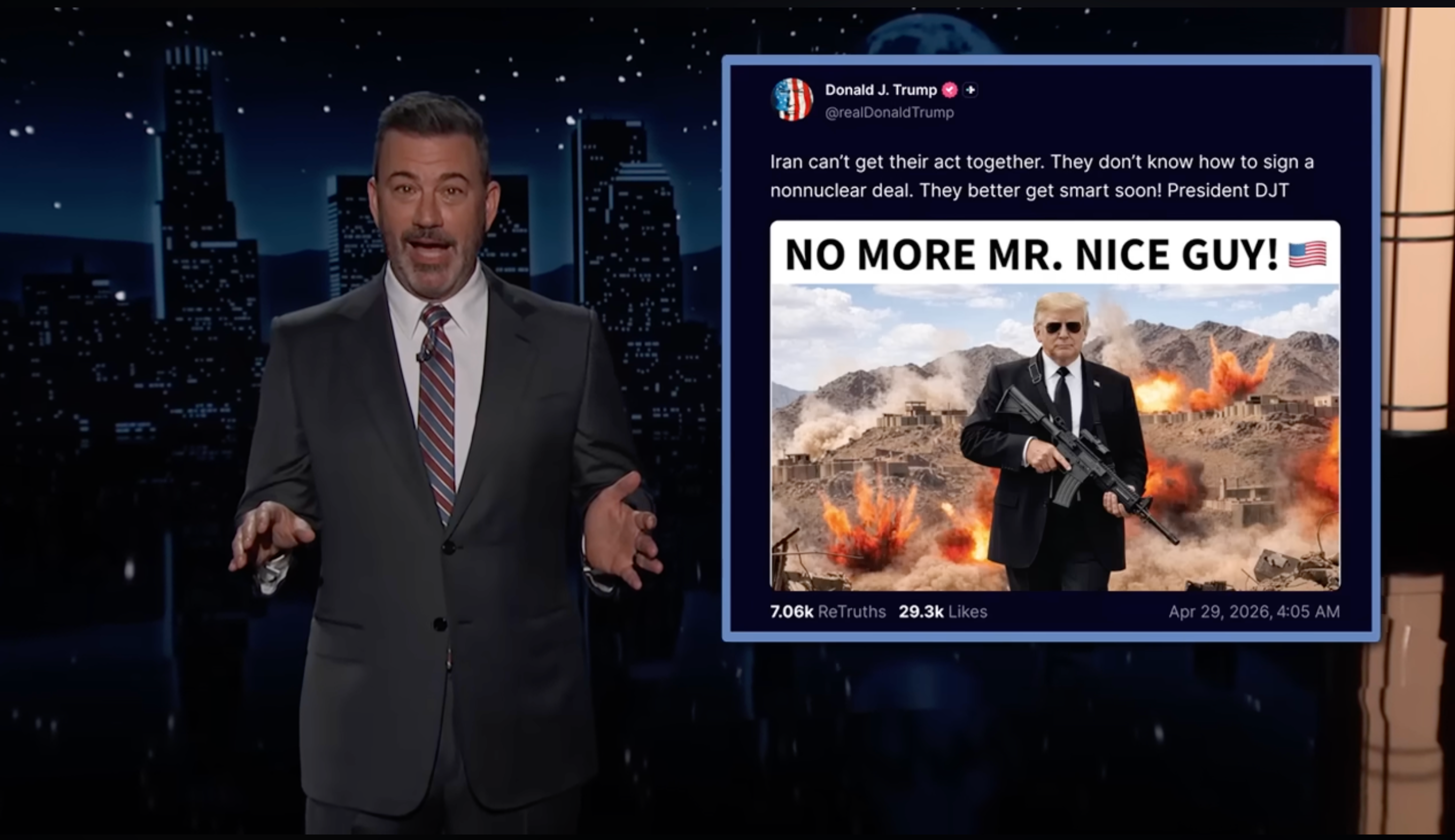 Kimmel trolls Trump over Iran war picture with sunglasses and gun: ‘Fat John Wick’