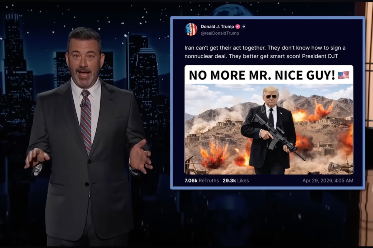 Kimmel trolls Trump over Iran war picture with sunglasses and gun: ‘Fat John Wick’
