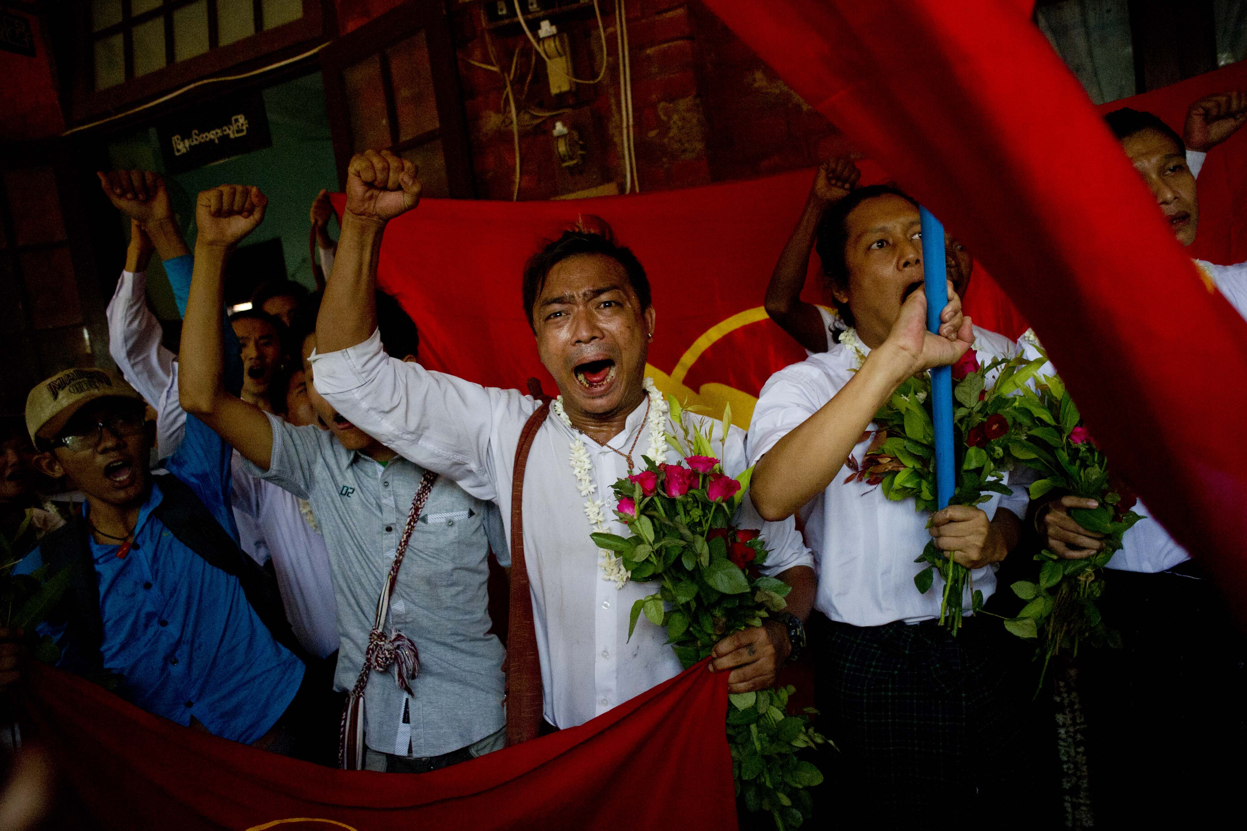 Student protesters arrive for a hearing at their trial in Tharrawaddy town, Bago Region, in Myanmar