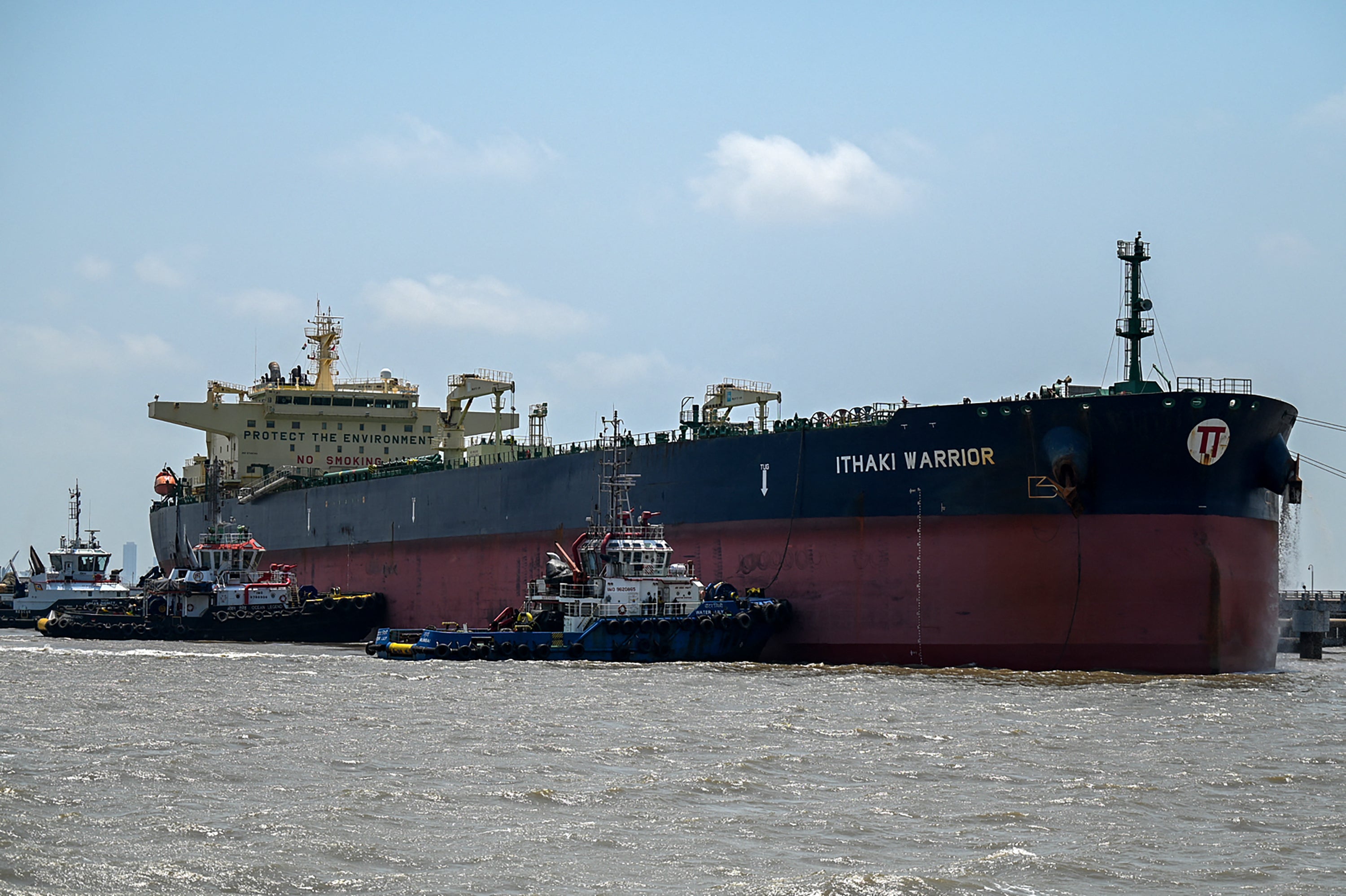 The Greece-flagged oil tanker Ithaki Warrior is seen docked at an offloading terminal along the coast in Mumbai on April 30, 2026