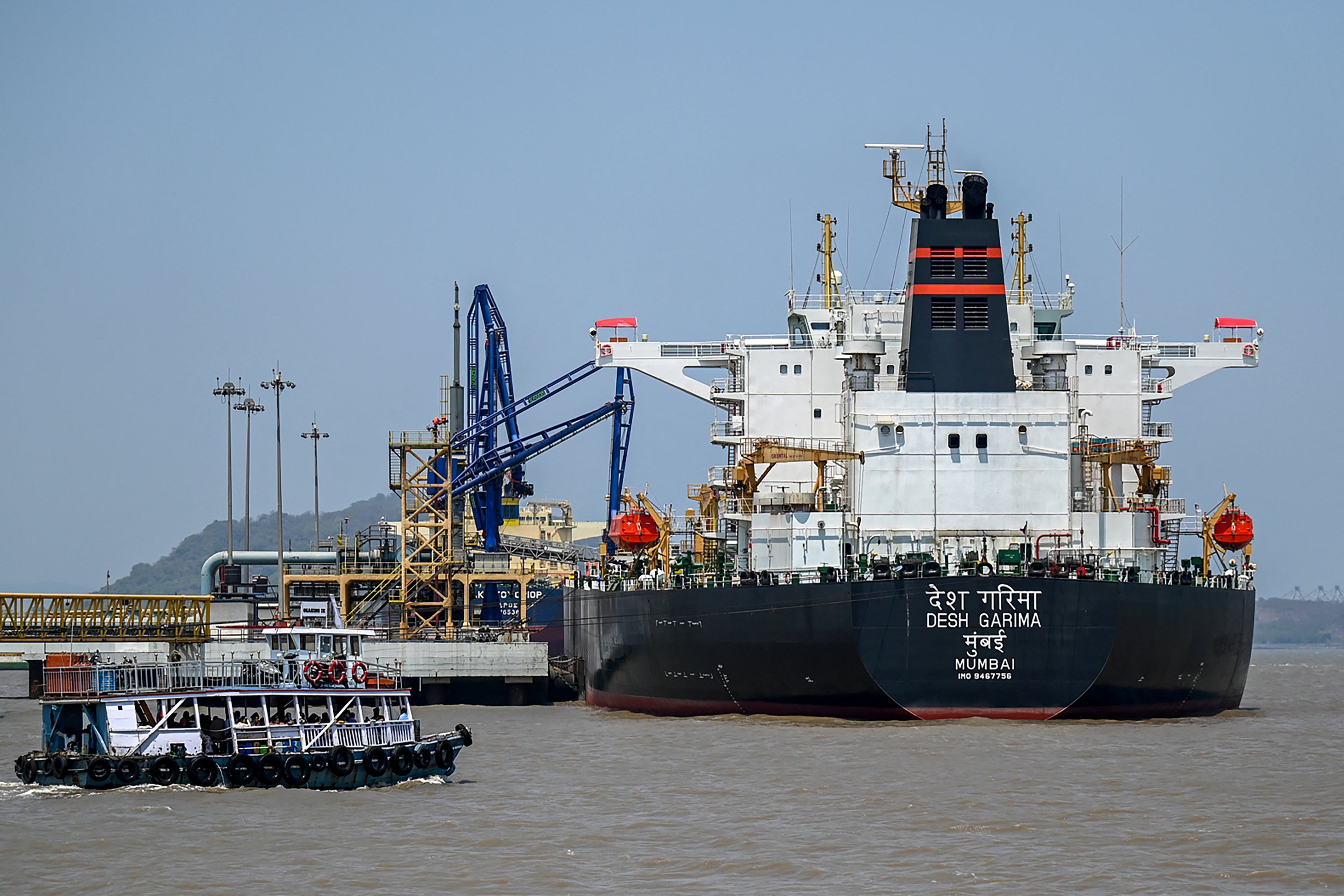Desh Garima, an Indian-flagged tanker carrying crude oil that transited through the Strait of Hormuz, is seen docked at an offloading terminal along the coast in Mumbai
