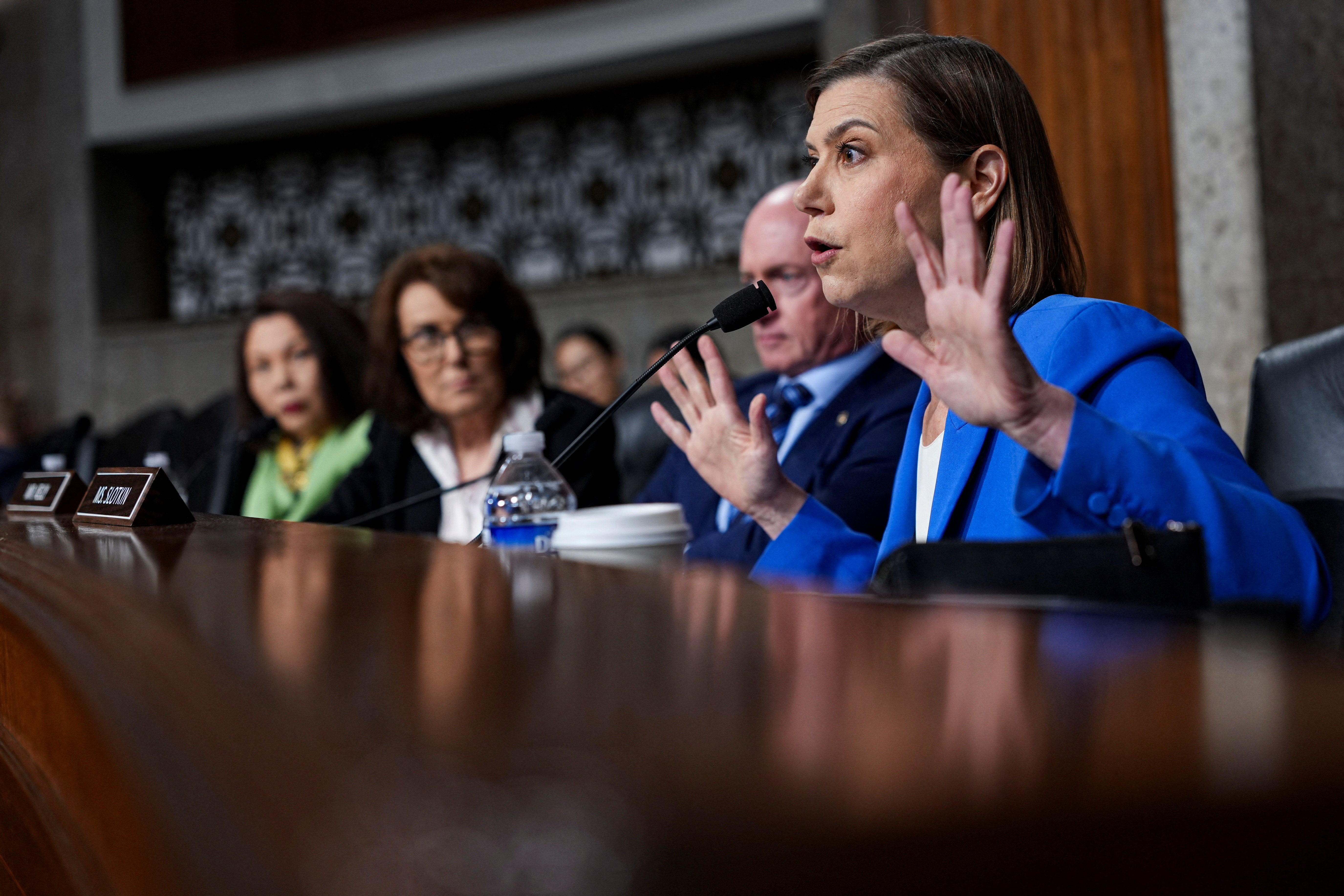 U.S. Senator Elissa Slotkin (D–MI) questions Defense Secretary Pete Hegseth during a Senate Armed Services Committee hearing on April 30