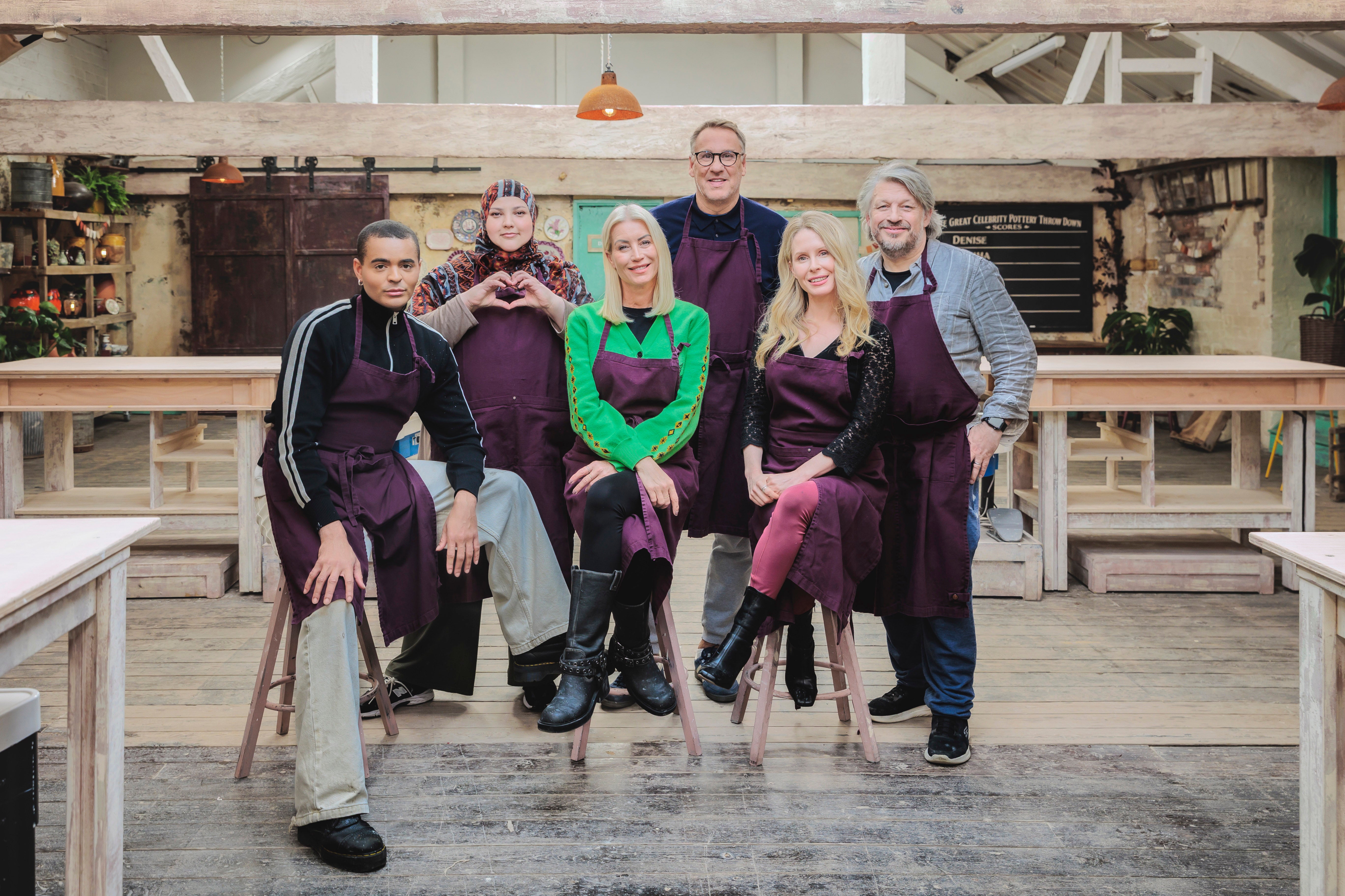 La formazione delle celebrità per una nuova edizione di The Great Pottery Throw Down, LR: Layton Williams, Fatiha El Ghorri, Denise Van Outen, Paul Merson, Lucy Beaumont, Richard Herring