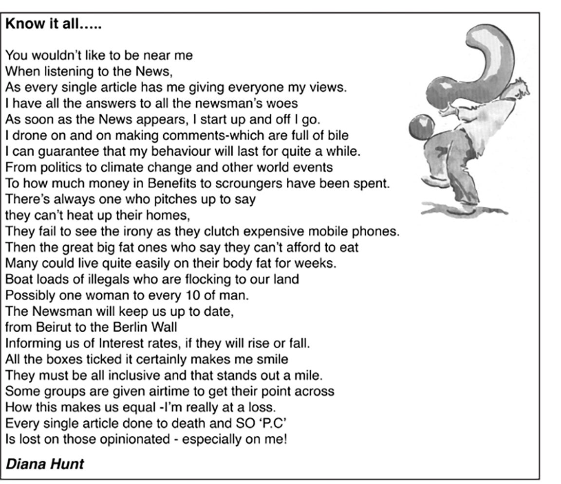 Diana Hunt's poem mentioned benefit 'scroungers' and 'boat loads of illegals'