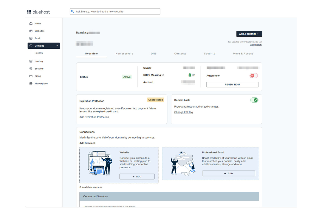 With Bluehost, Whois privacy protection is an additional fee (Jennifer Allen/Bluehost)
