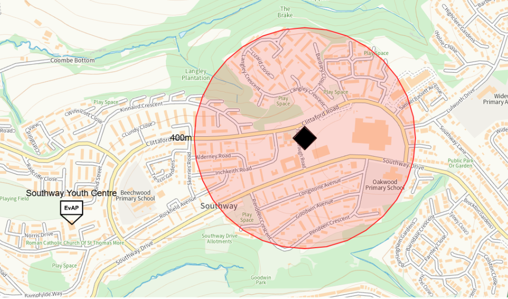 Map of the 400m cordon in Plymouth as bomb disposal team works on the site