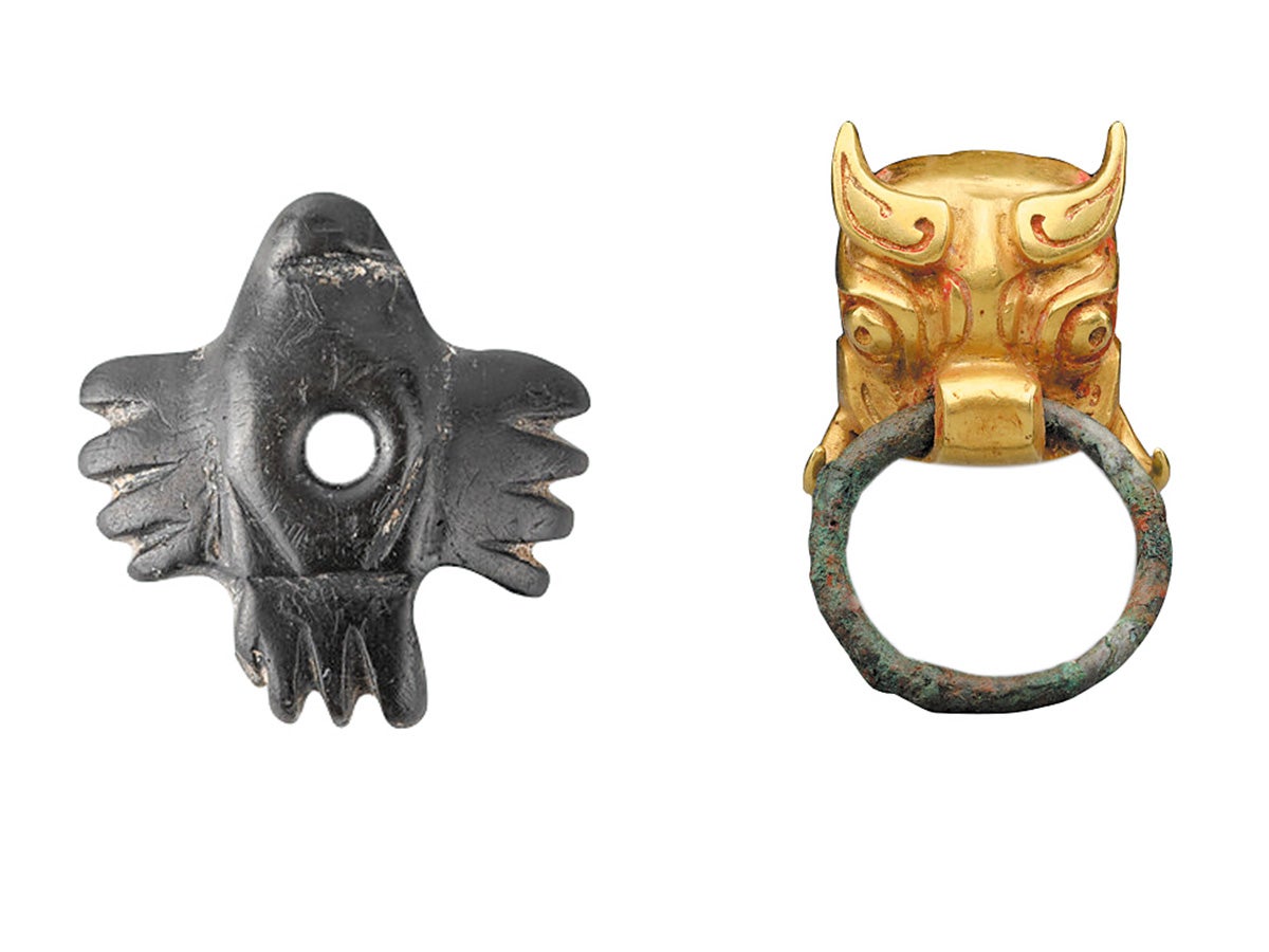 A jade owl from the Zhengjiagou site in Zhangjiakou, Hebei province and a gold beast-faced ornament from the Changchun site in Fuping county, Shaanxi province