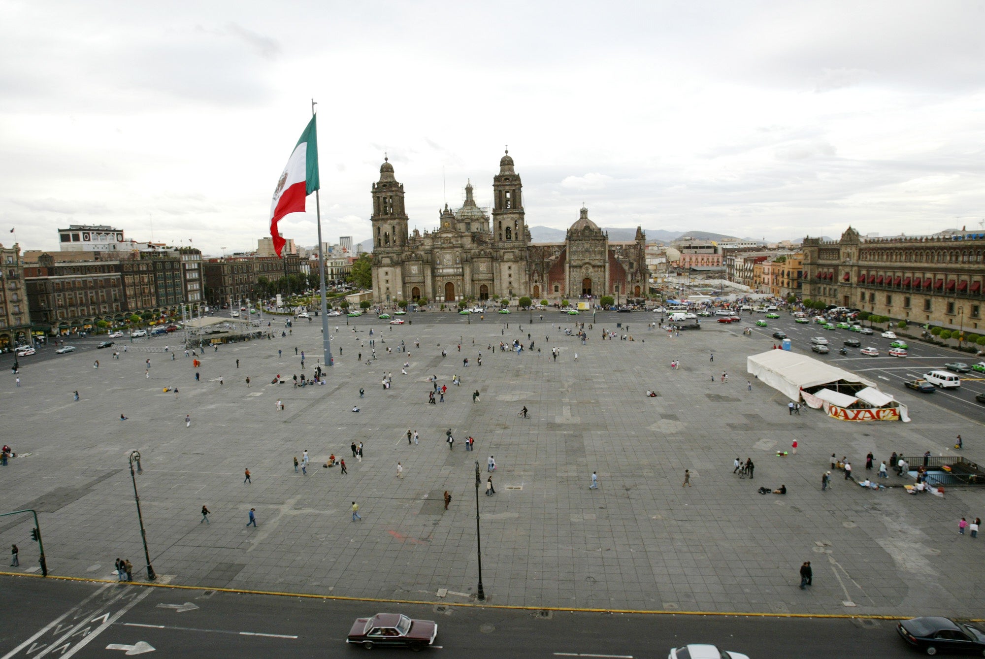 A bird's eye view of the Zocalo and a sinking Metropolitan Cathedral in Mexico City, June 21, 2005. (AP Photo/Marco Ugarte, File)