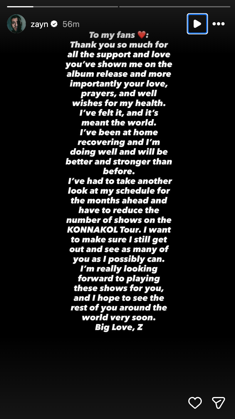 Zayn Malik cancels US tour and UK dates after hospitalization, citing health recovery — image 4
