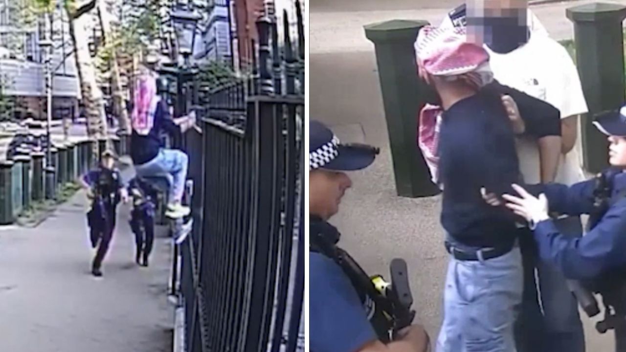 Moment knife-wielding man tries to scale Israeli embassy gates
