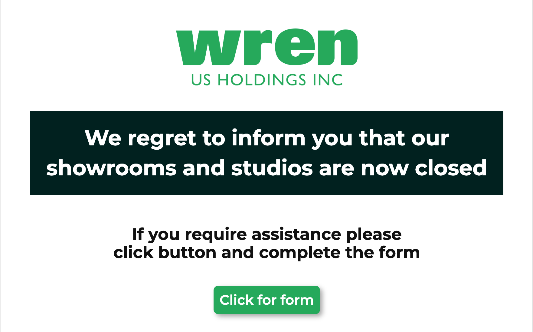 A form page is all that's left of Wren Kitchen's U.S. website after the company filed for Chapter 7 bankruptcy and shuttered all 15 of its U.S. locations