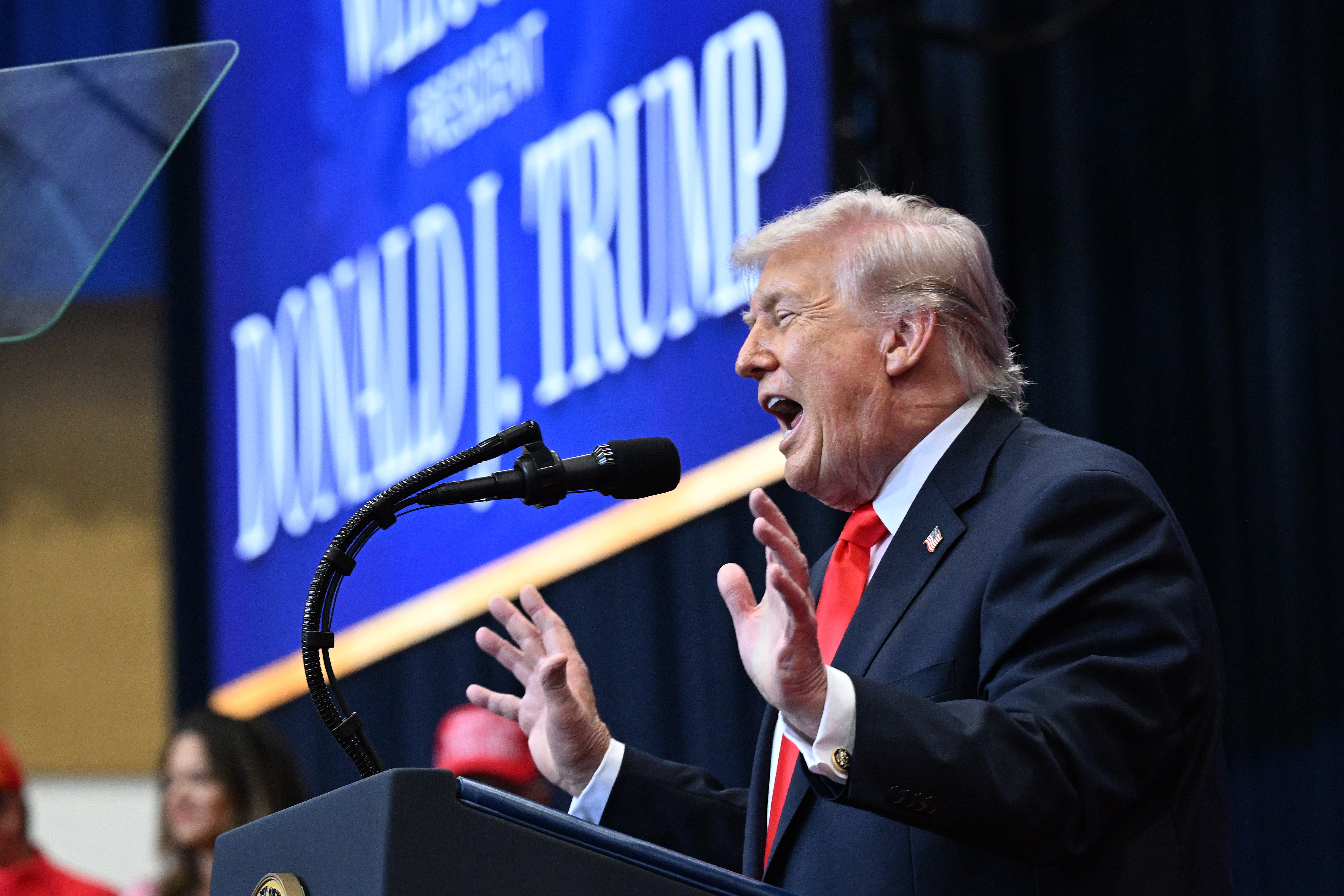 U.S. President Donald Trump speaks at The Villages Charter School on May 01, 2026 in The Villages, Florida. President Trump spoke about economic development, his administration's tax plan and Social Security. (Photo by Roberto Schmidt/Getty Images)