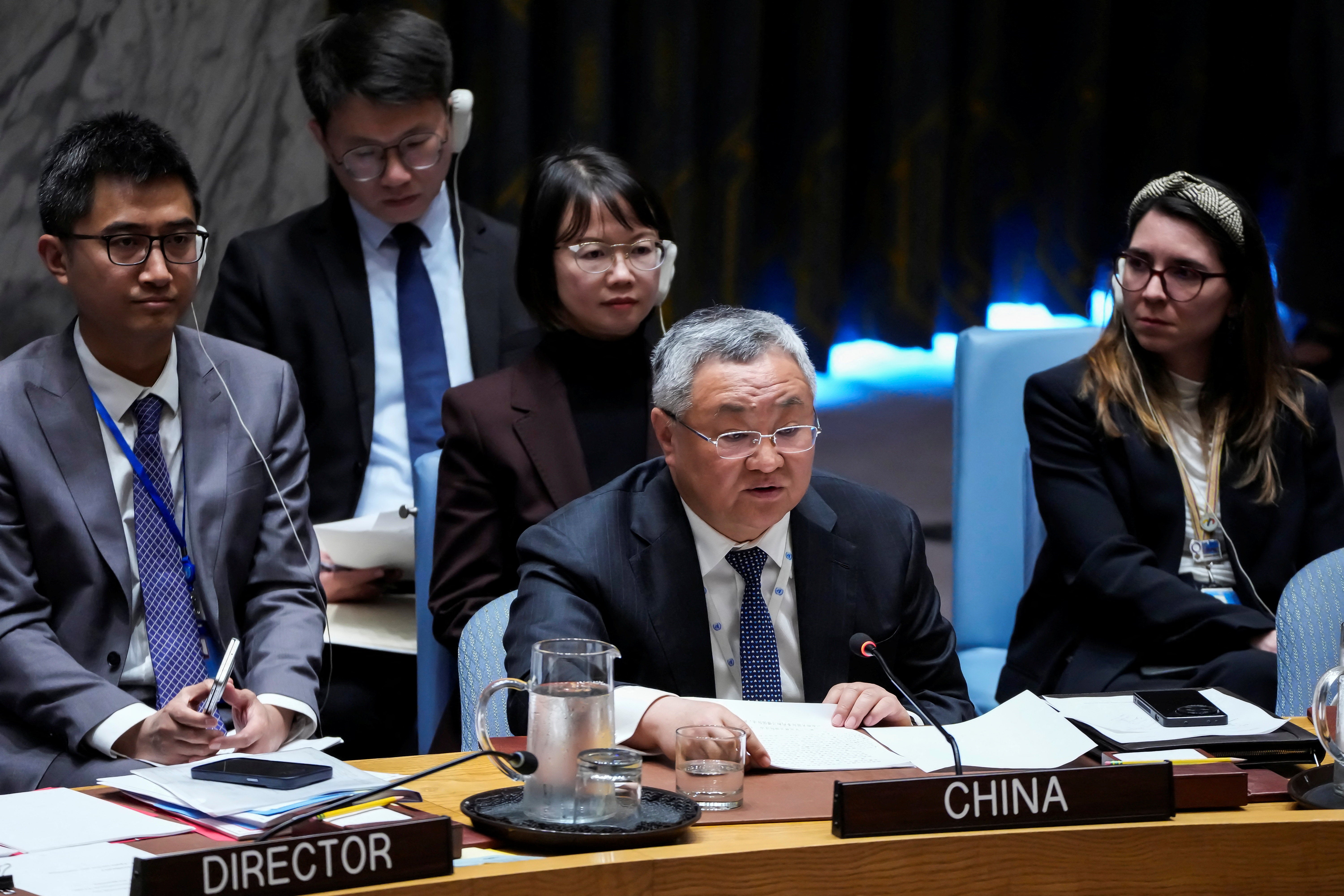 China's Permanent Representative to the UN, Fu Cong addresses a Security Council meeting on maritime safety at UN headquarters in New York