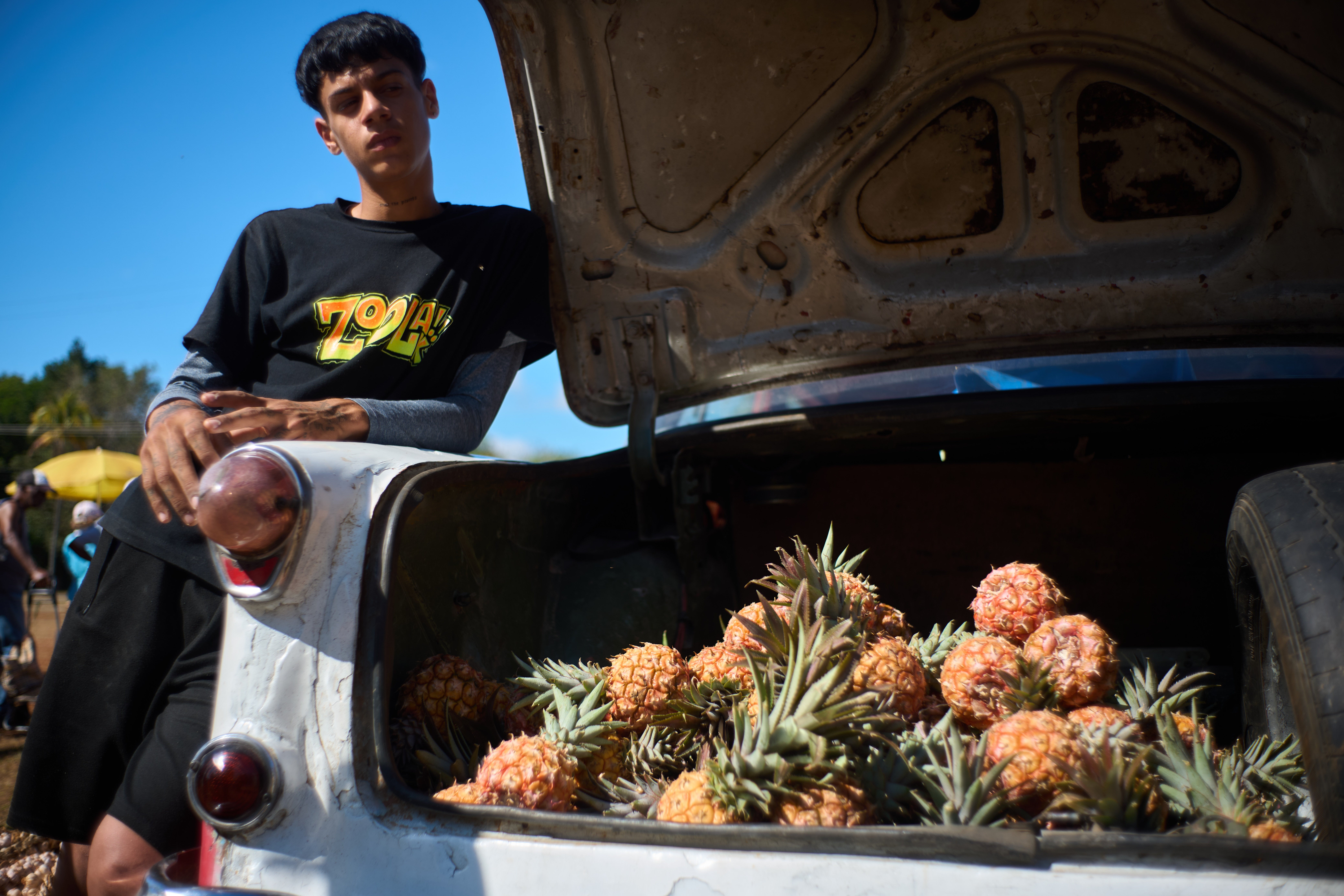 A pineapple vendor waits for customers at a weekly food fair in Alamar, Havana province, Cuba, Saturday, May 2, 2026. (AP Photo/Ramon Espinosa)