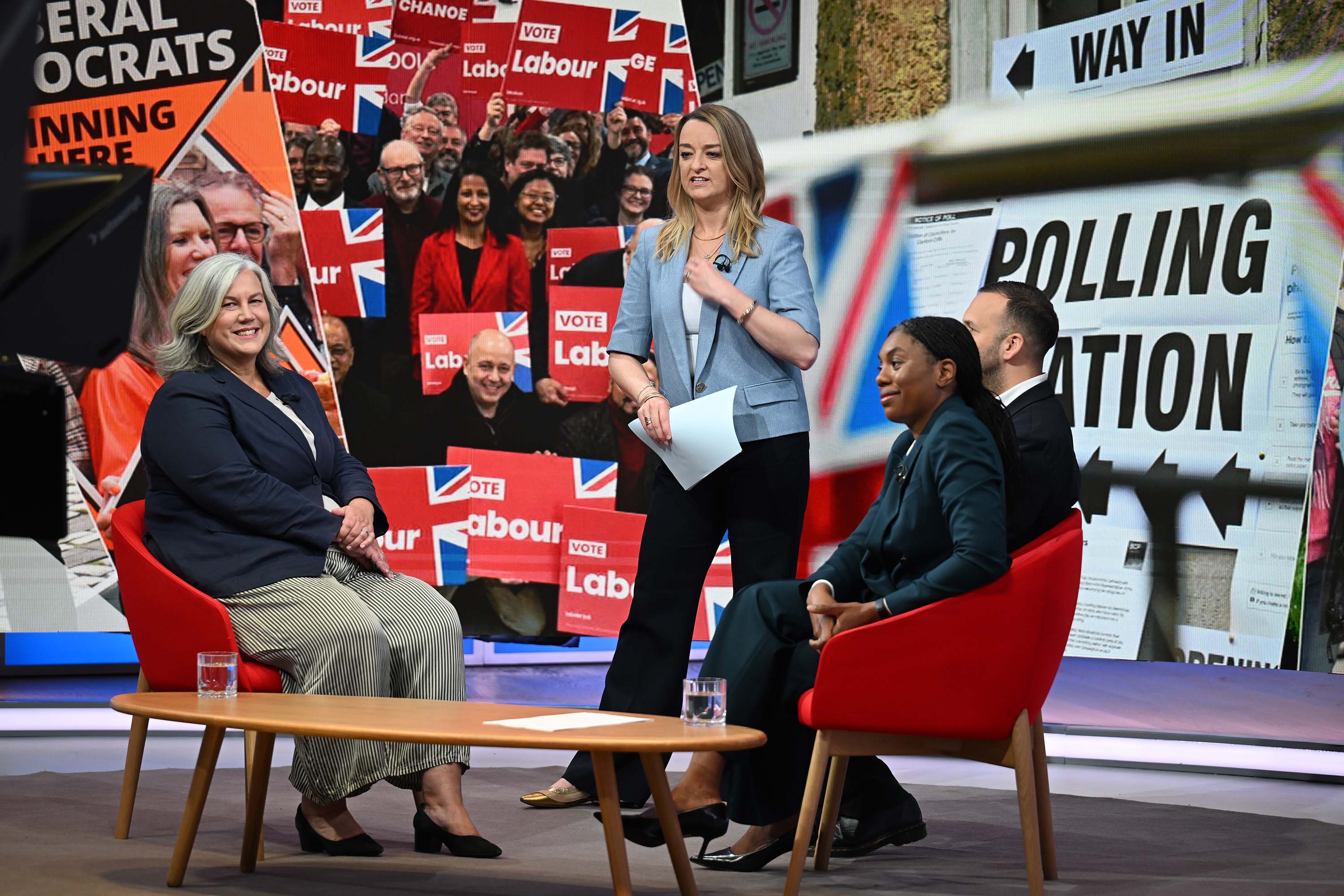 Laura Kuenssberg told viewers Nigel Farage was absent, as she prepared to interview (left to right) transport secretary Heidi Alexander, Green Party leader Zack Polanski and Conservative Party leader Kemi Badenoch