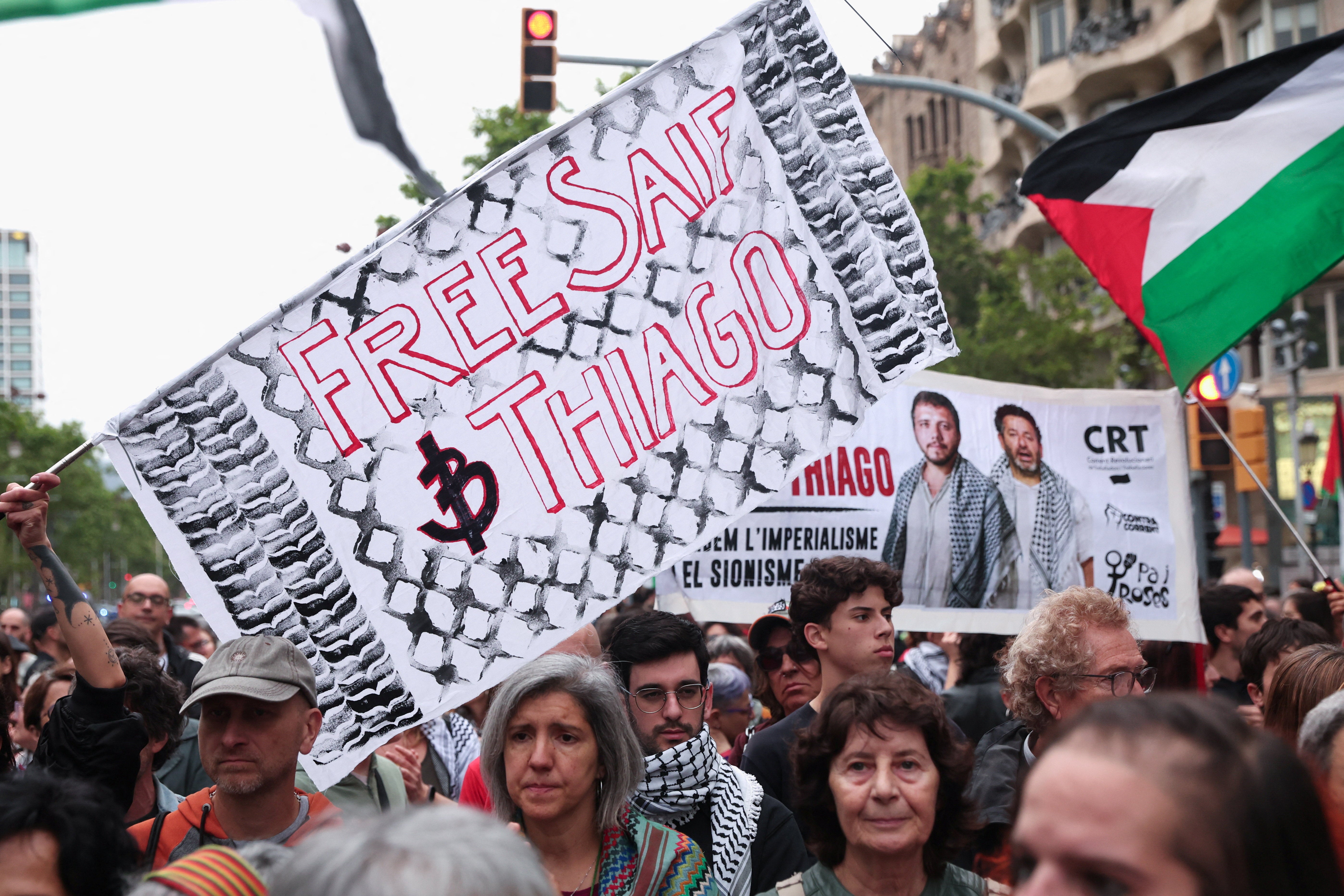 People gather in front of the European Commission office in Barcelona in support of activists Saif Abu Keshek and Thiago Avila, members of the Global Summud Flotilla detained by Israel, in Barcelona, Spain, May 2, 2026