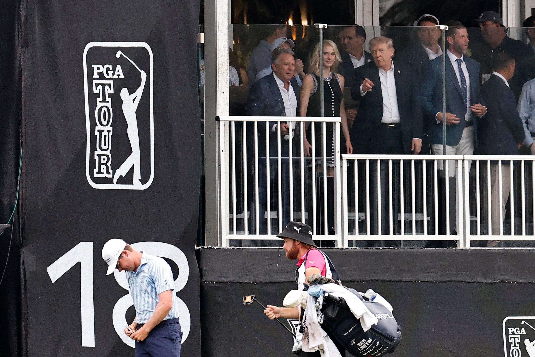 The president viewed the event from a spectator’s box and watched golfer Cameron Young’s final shot from the 18th hole