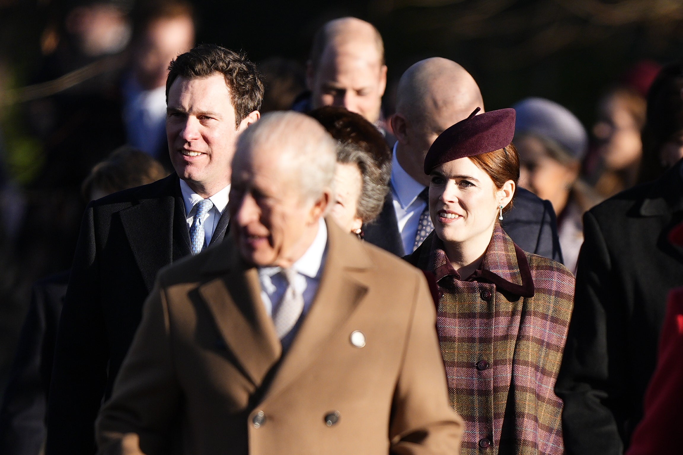 Jack Brooksbank and Princess Eugenie and the King attending the Christmas Day morning church service in 2025 (Aaron Chown/PA) (PA Wire)