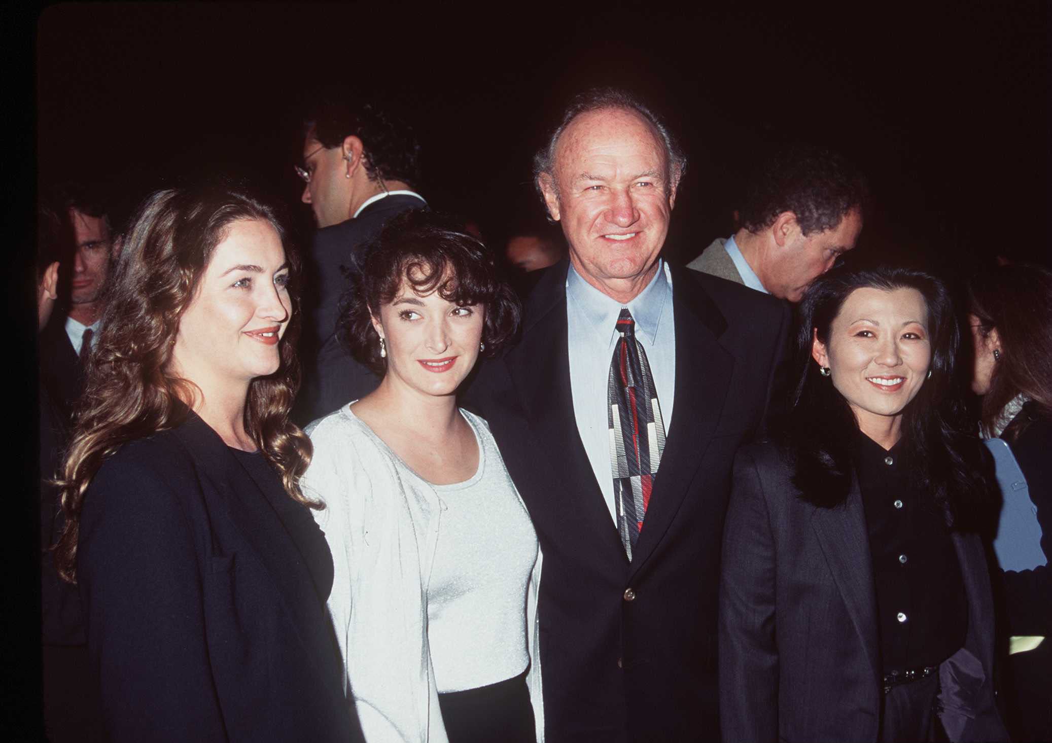 Actor Gene Hackman, center right, and his wife Betsy Arakawa, far right, pose with daughters Leslie, center left, and Elizabeth at the premiere of his movie “The Chamber” in October 1996 in Beverly Hills, California. Both Arakawa died after suffering a hantavirus infection in February 2025