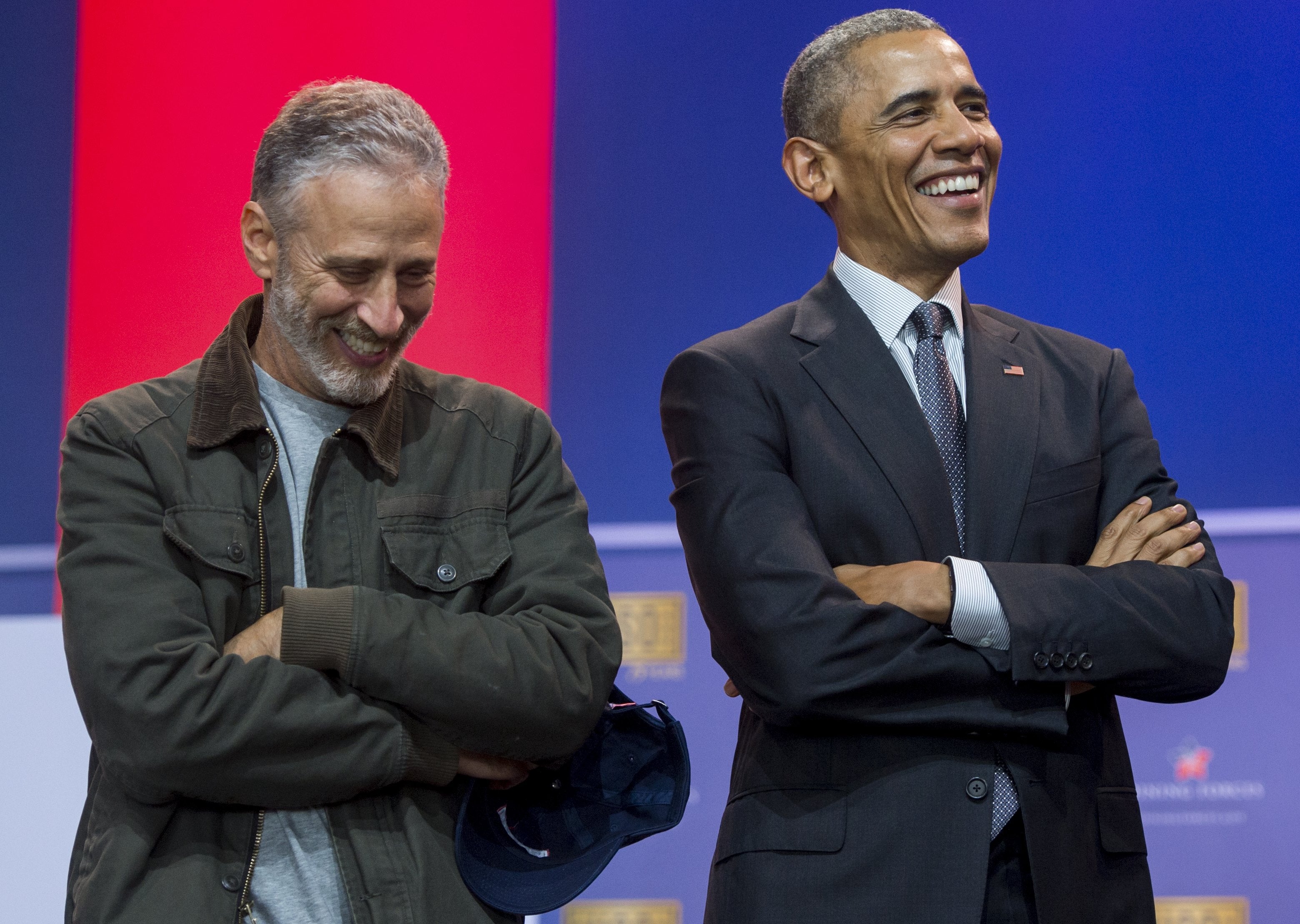 Jon Stewarty and then-President Barack Obama pictured together in May 2016