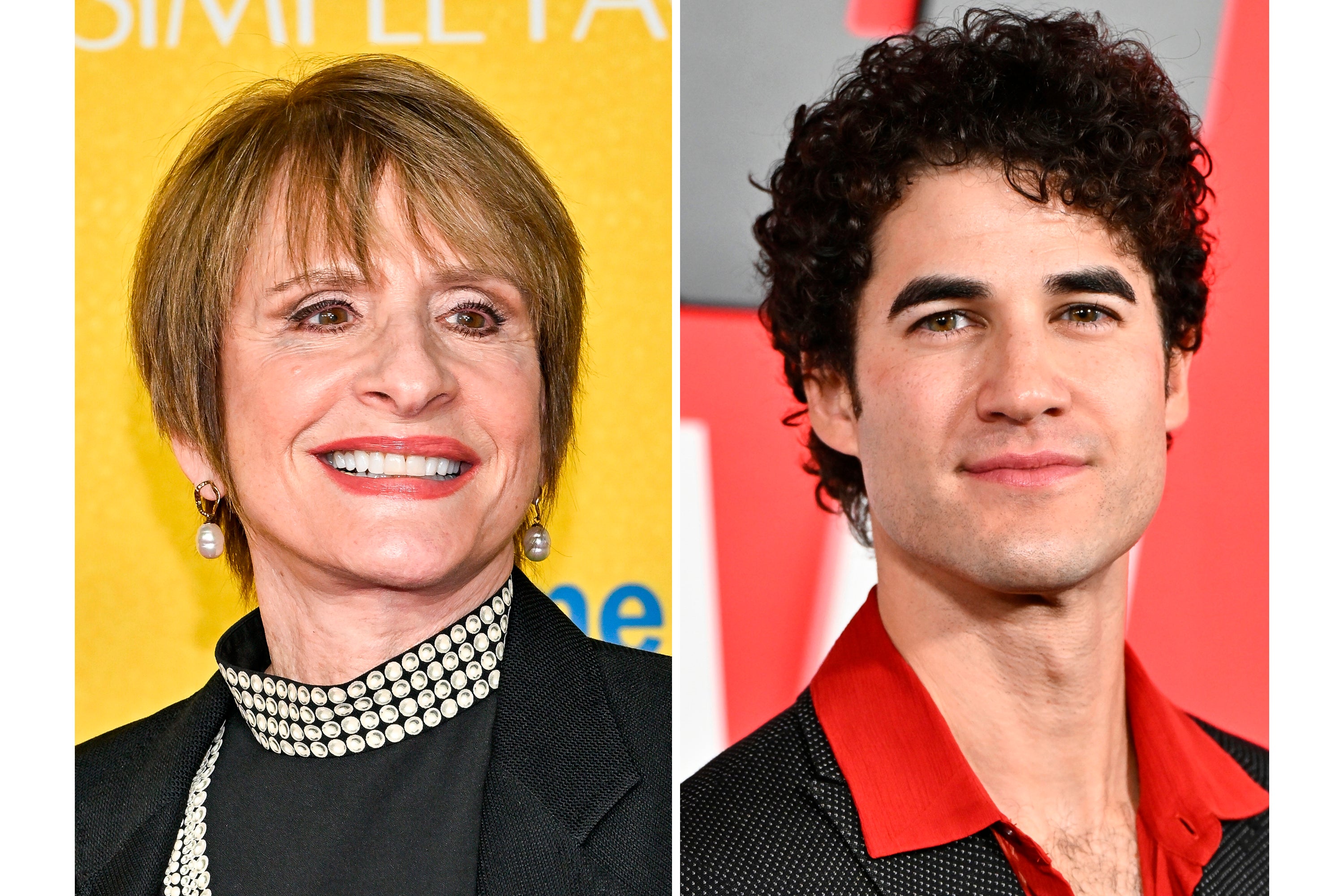 Patti LuPone appears at a screening of "Another Simple Favor" in New York on April 27, 2025, left, and Darren Criss appears at the premiere of "The Running Man" in New York on Nov. 9, 2025