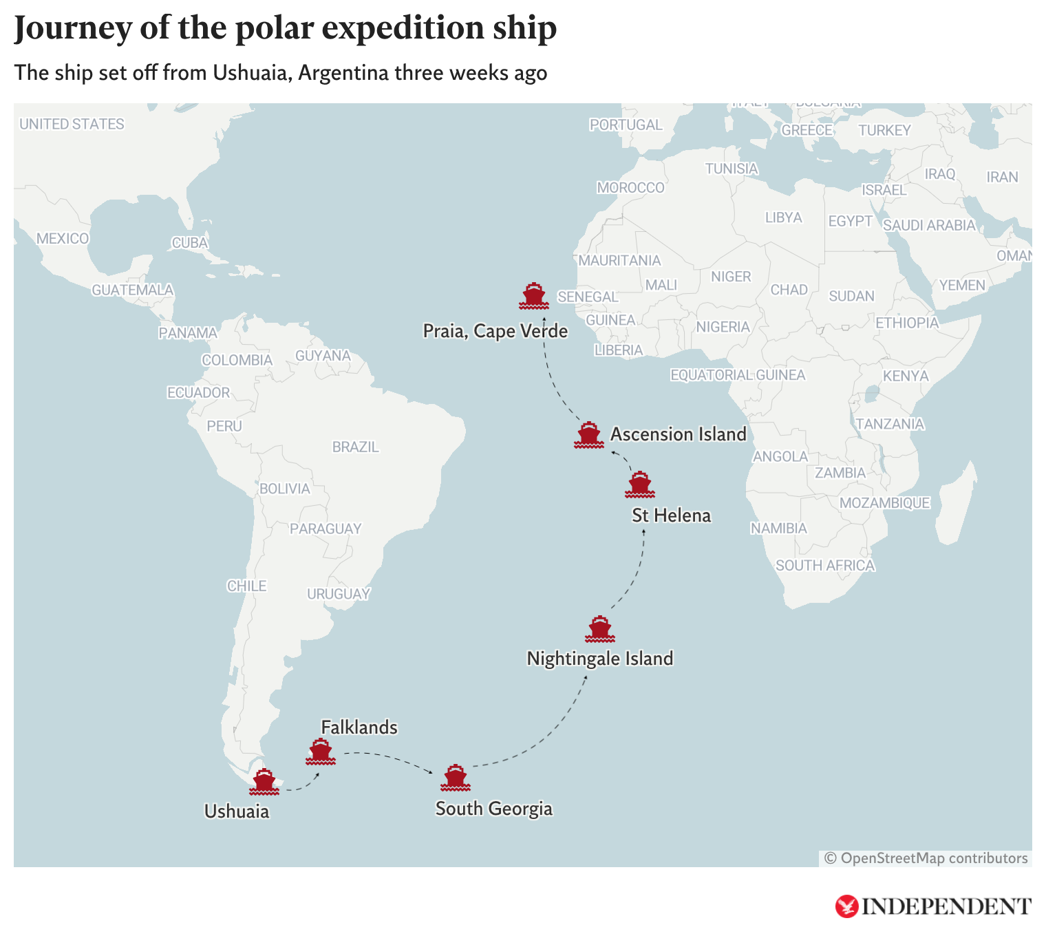 Map shows journey of the polar expedition ship