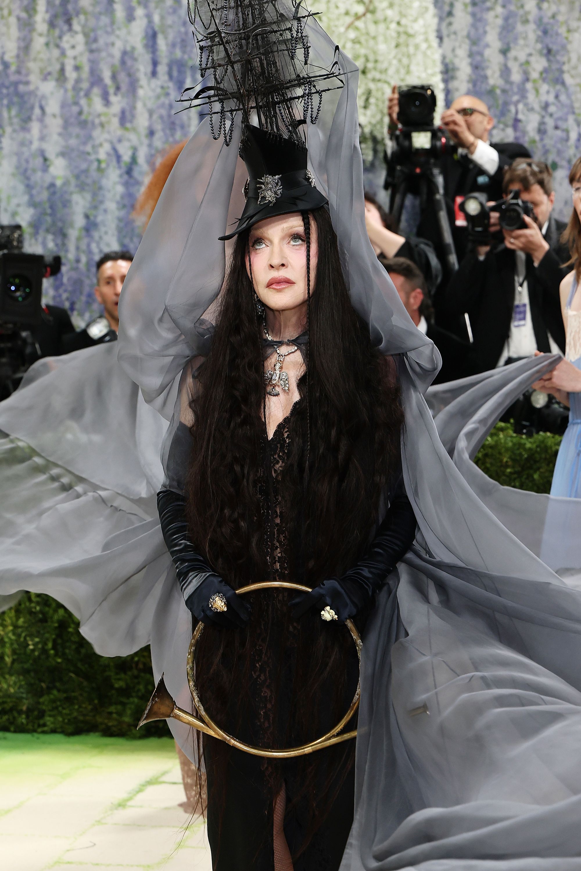 Madonna stole the show wearing one of Anthony Vaccarello's Saint Laurent designs, accessorized with a pirate-ship hat and a brass circular trumpet