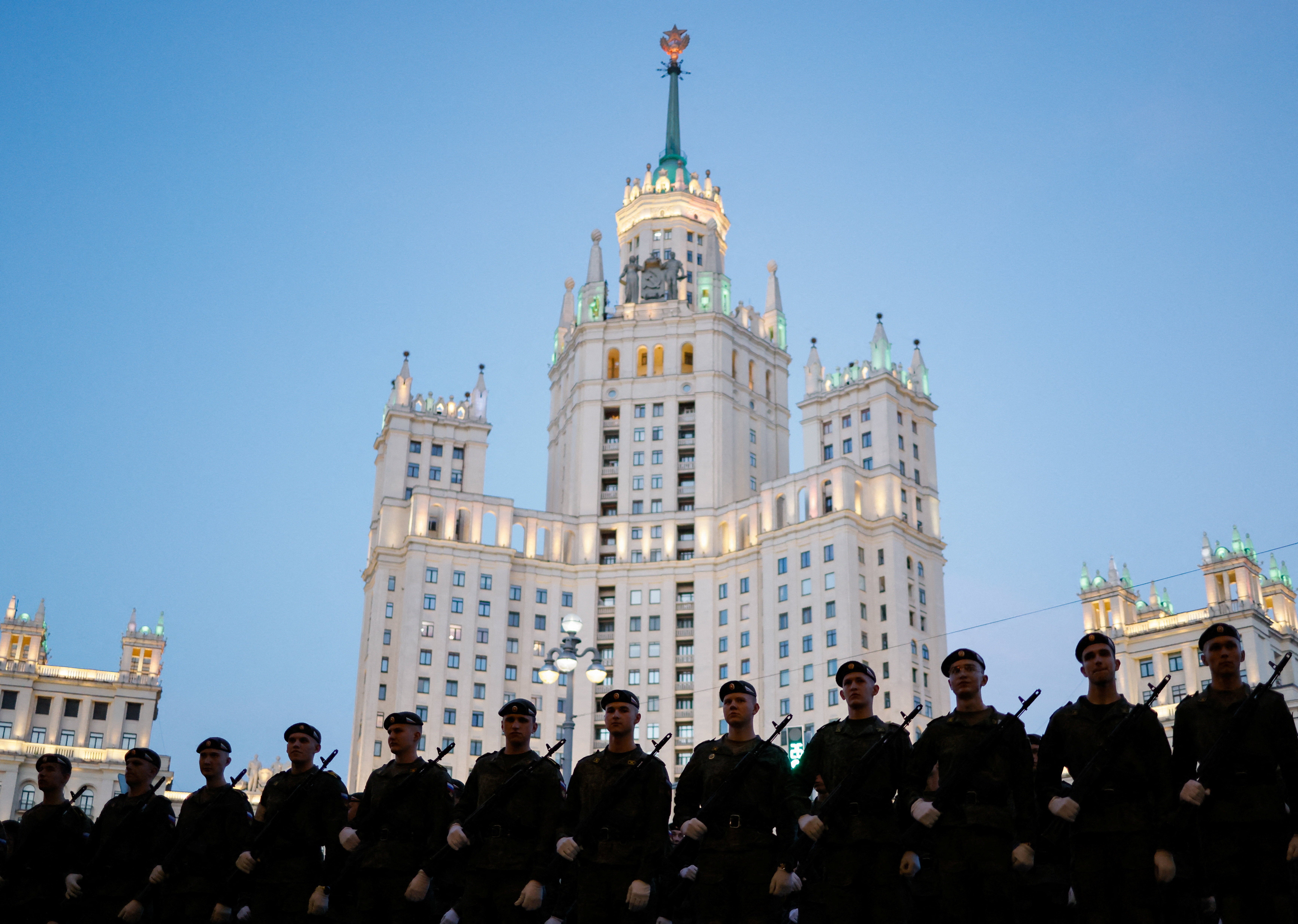 Russian service members take part in a rehearsal for the Victory Day military parade marking the anniversary of the victory over Nazi Germany