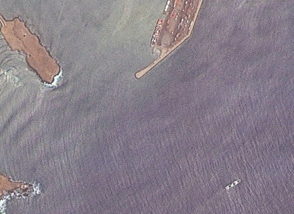 A satellite image shows cruise ship MV Hondius, off the coast of Praia, Cape Verde, on Monday