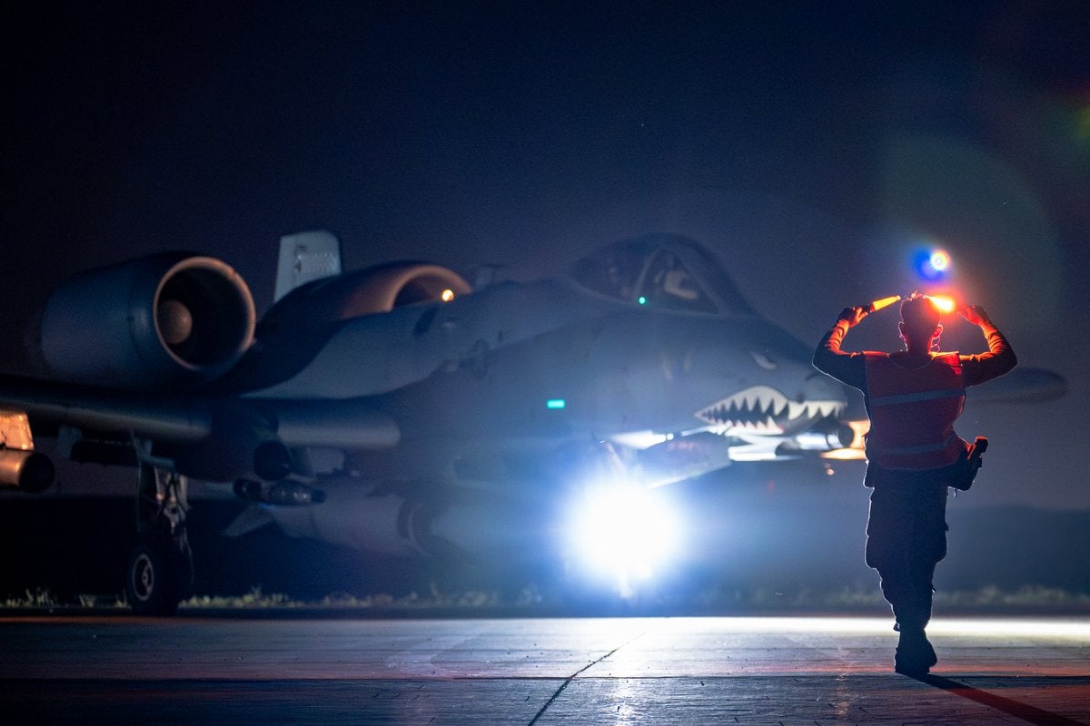 An American A-10 Thunderbolt II attack aircraft taxis at a base in the US Central Command area of responsibility
