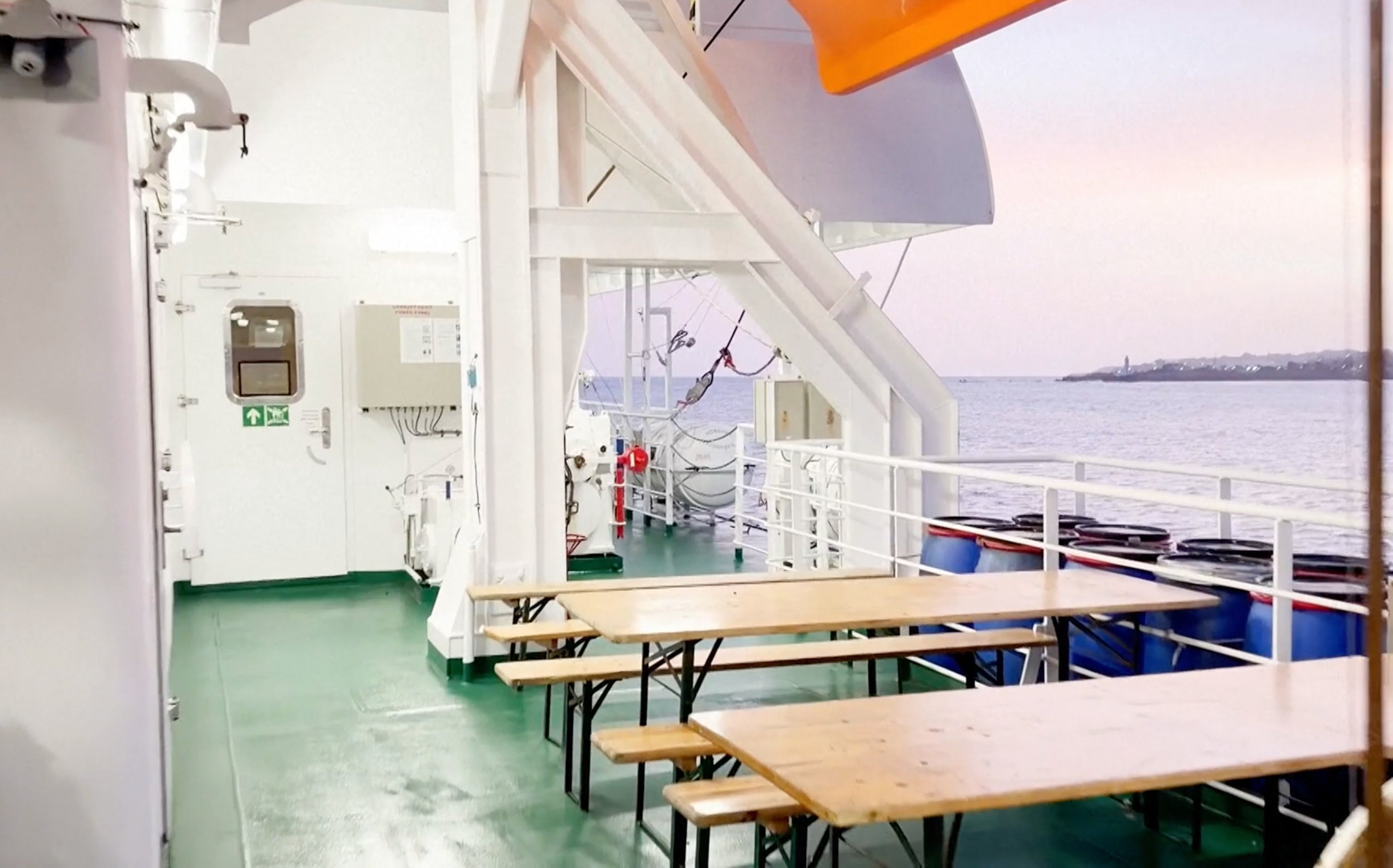 Common areas on board the ship are largely deserted
