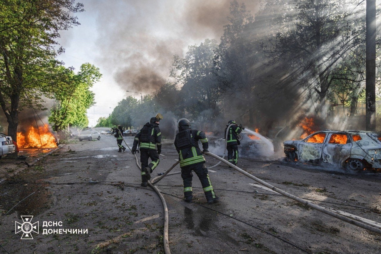Firefighters work at a site of a Russian air strike, amid Russia's attack on Ukraine, in the frontline city of Kramatorsk in Donetsk region, Ukraine May 5, 2026