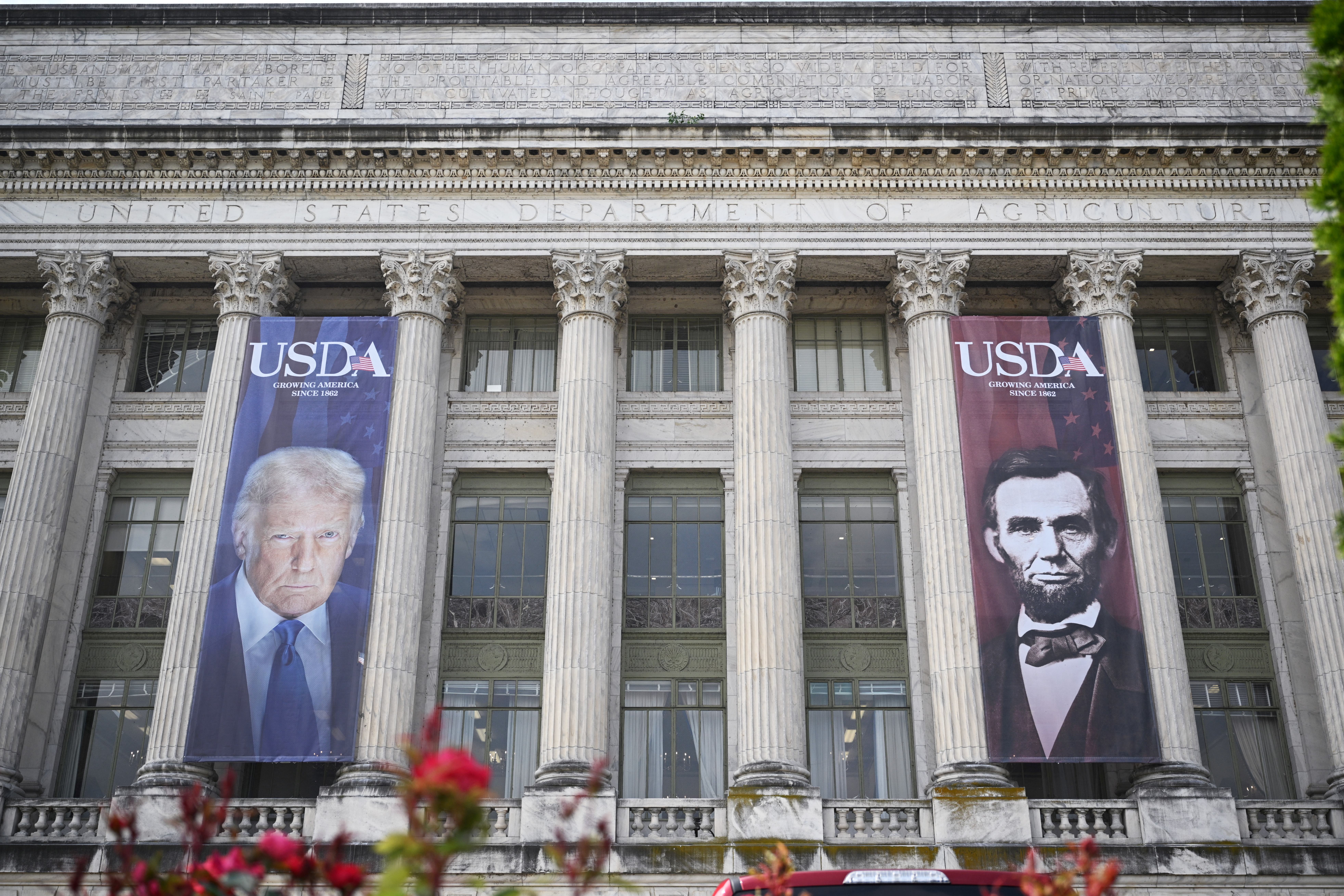 In one of the first moves to add Trump’s likeness to buildings outside of the White House, gigantic banners of his face and former President Abraham Lincoln’s face were hung over the entrance of the Department of Agriculture’s headquarters in D.C. in May 2025