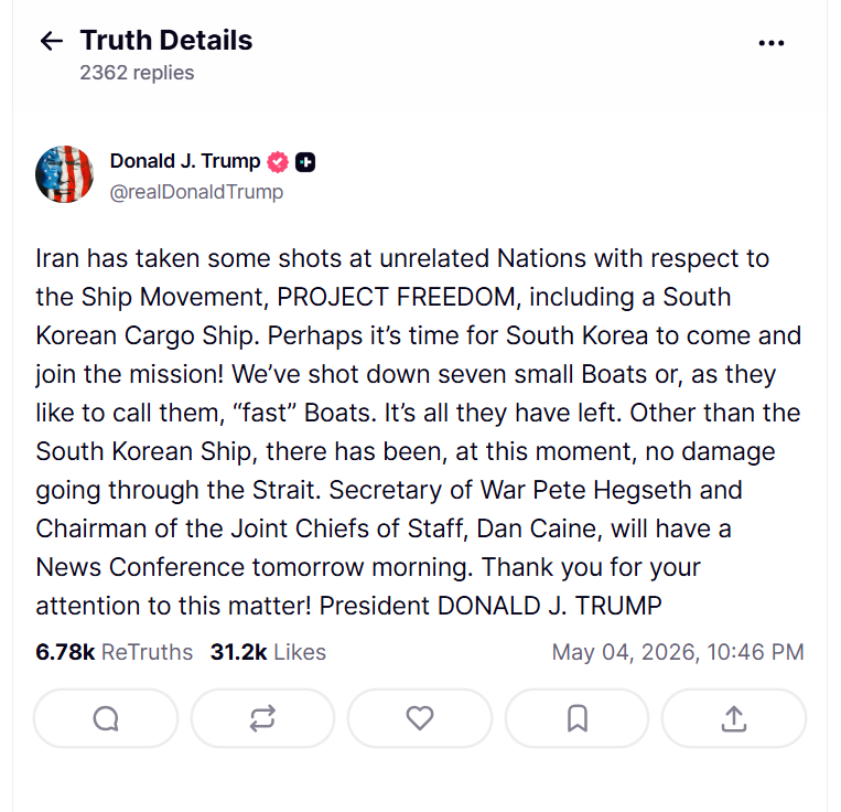Trump blames explosion on South Korean bulk carrier on Iran