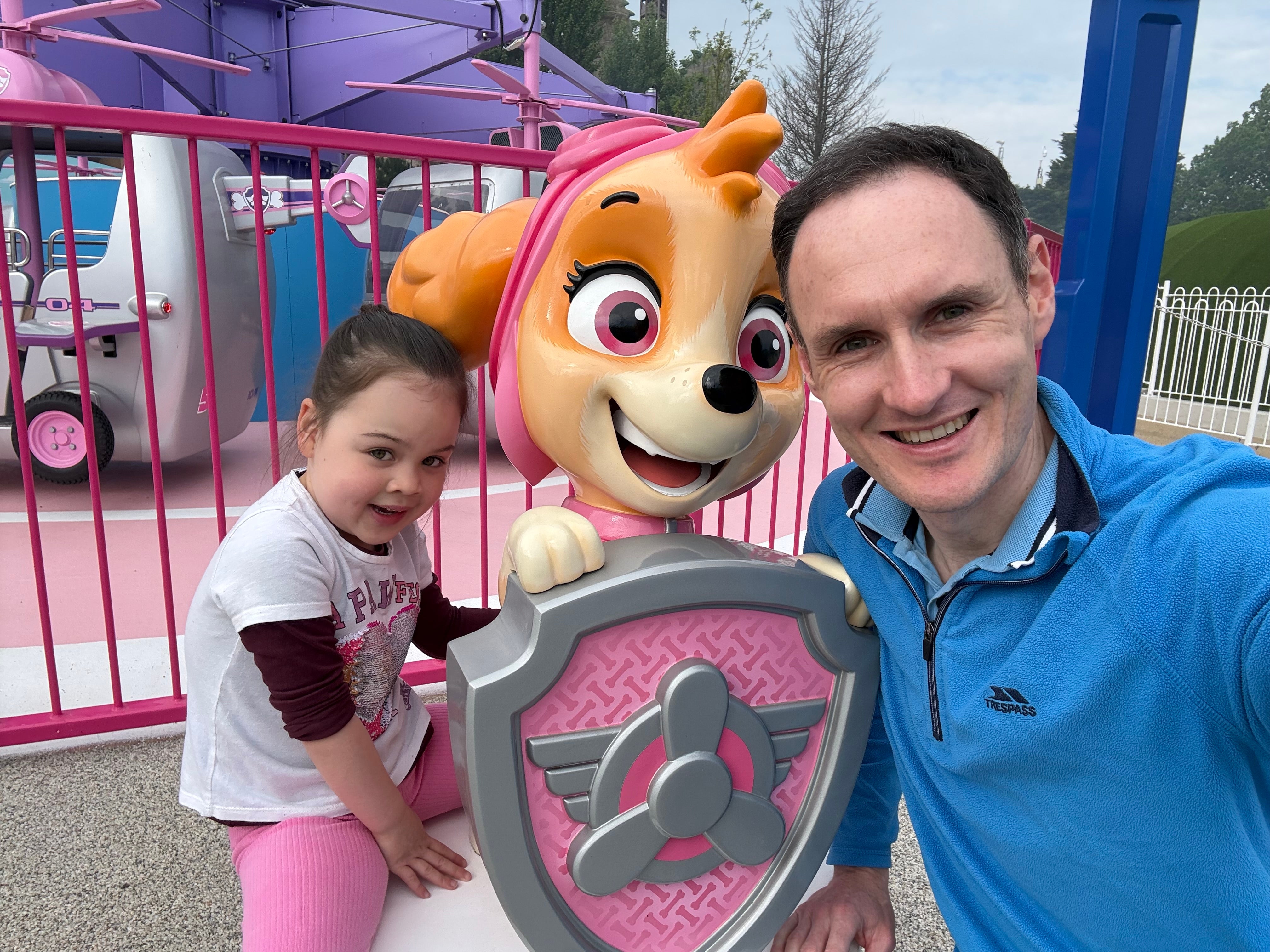 <p>Neil Lancefield and his daughter Penny with a Skye figure at World of Paw Patrol</p>
