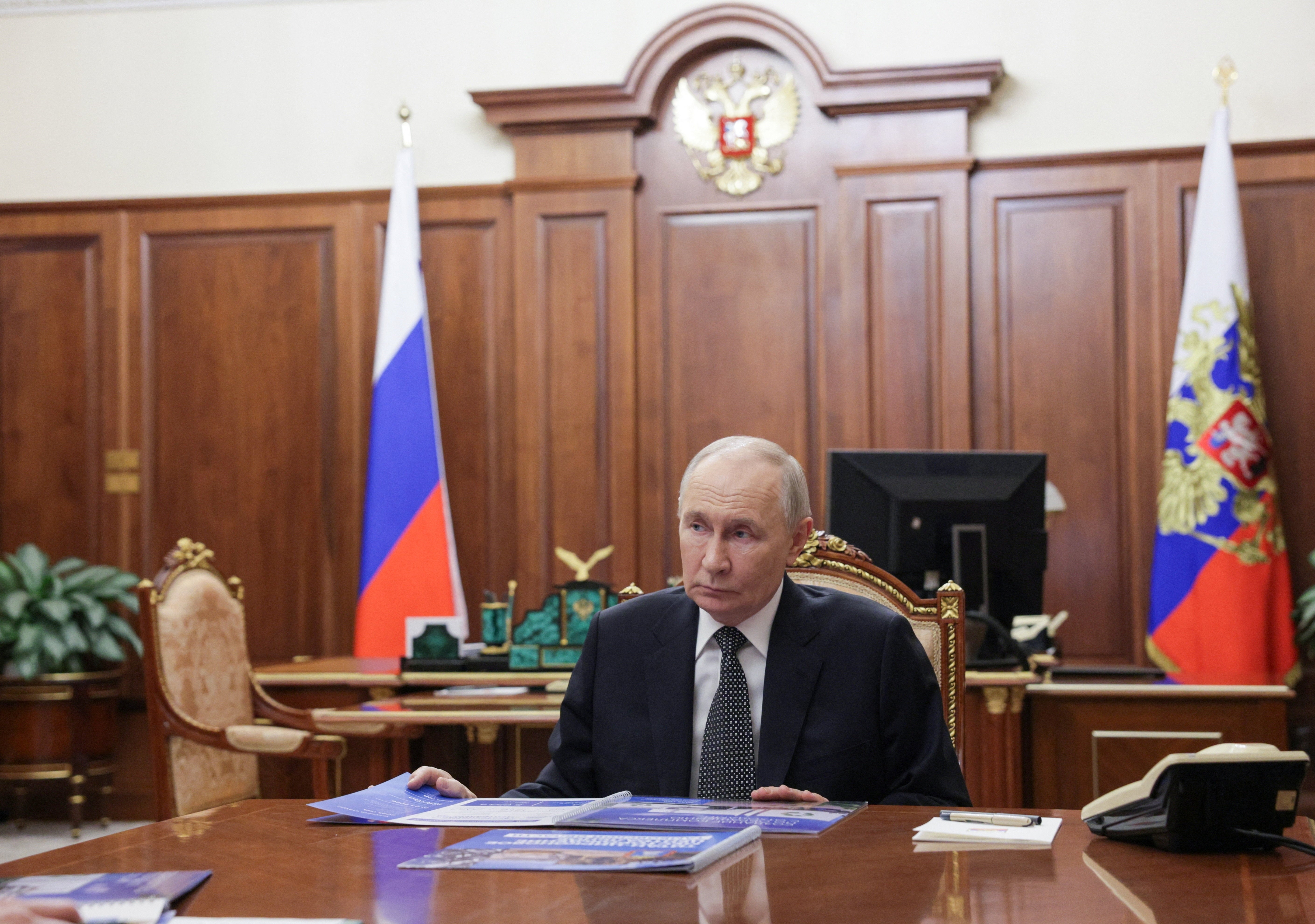 Russian President Vladimir Putin attends a meeting with Governor of the Tambov region Yevgeny Pervyshov in Moscow, Russia, May 6, 2026