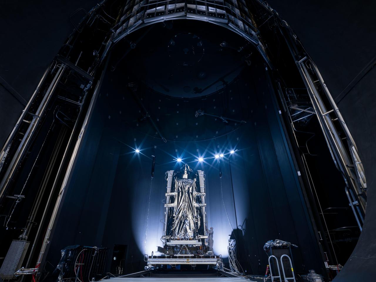 The instrument enclosure of NASA's Near-Earth Object Surveyor is prepared for tests at NASA’s Johnson Space Center in Houston, Texas, in December 2024. Scientists are exposing the structure to the conditions of deep space