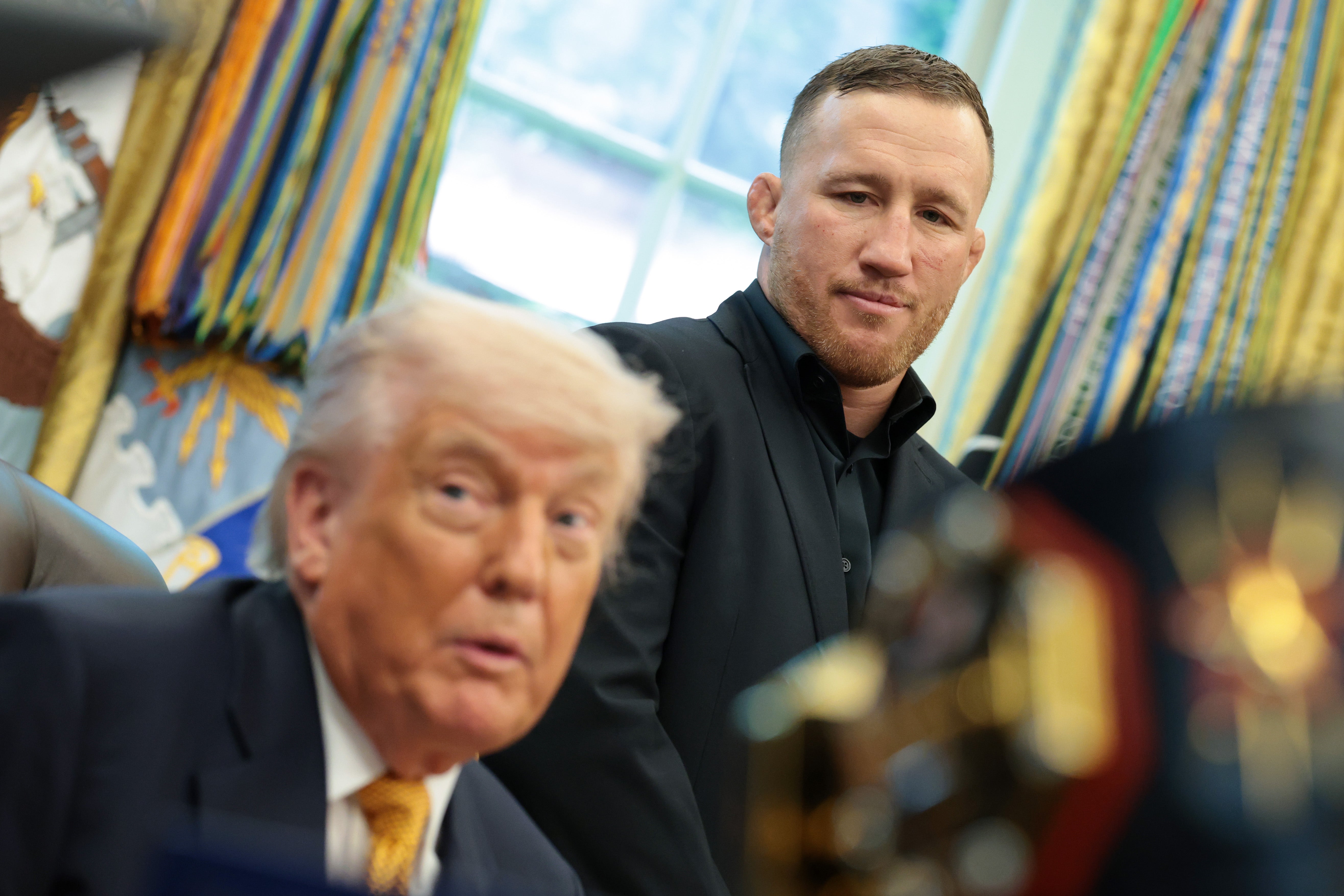 Trump had the fighters for the June 14 event in the Oval Office on Wednesday. Alex Pereira will fight Ciryl Gane, while Gaethje (pictured with Trump) will take on Ilia Topuria.