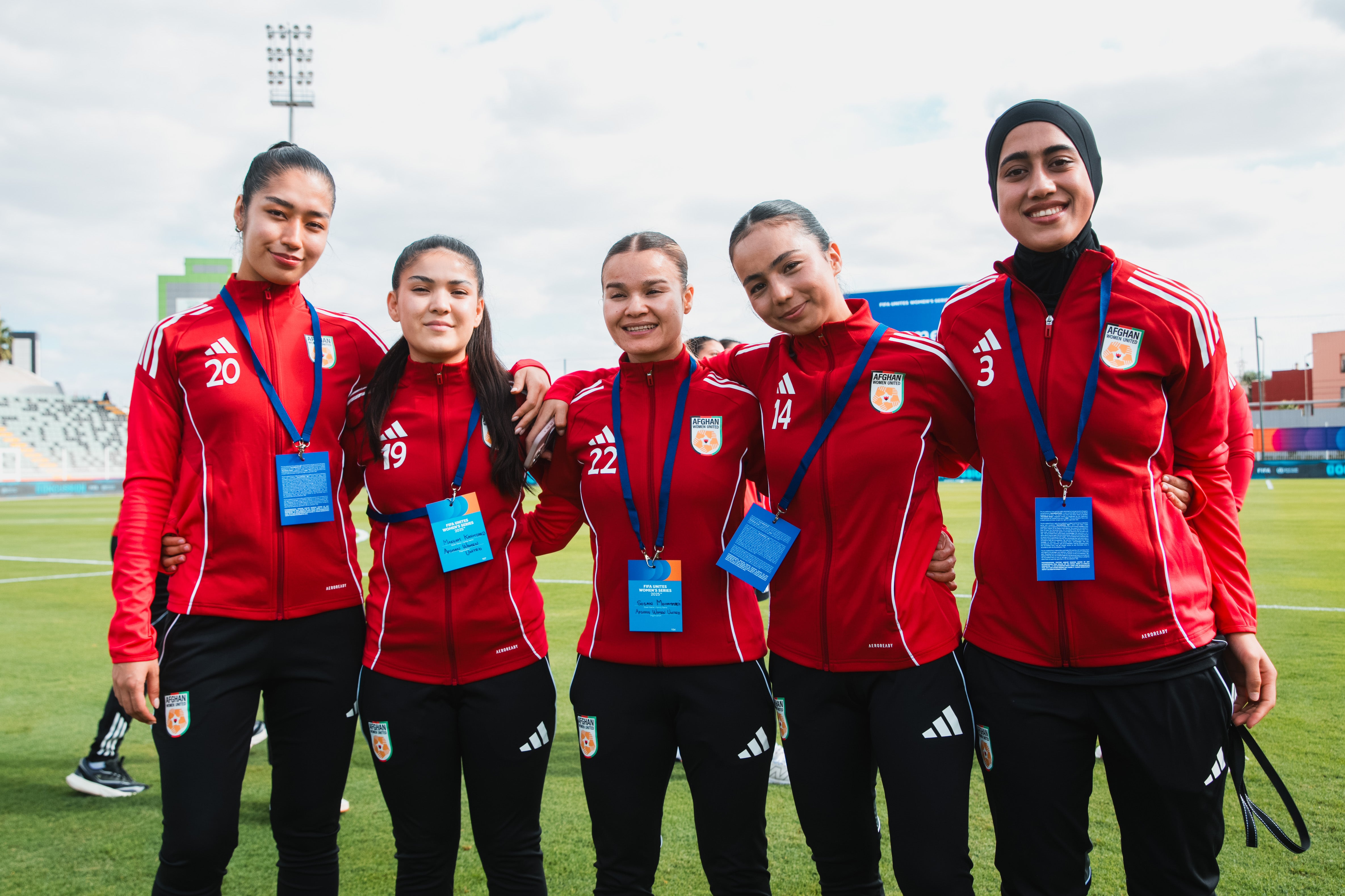 Afghan Women United team players pose before their match against Chad on 26 October 2025