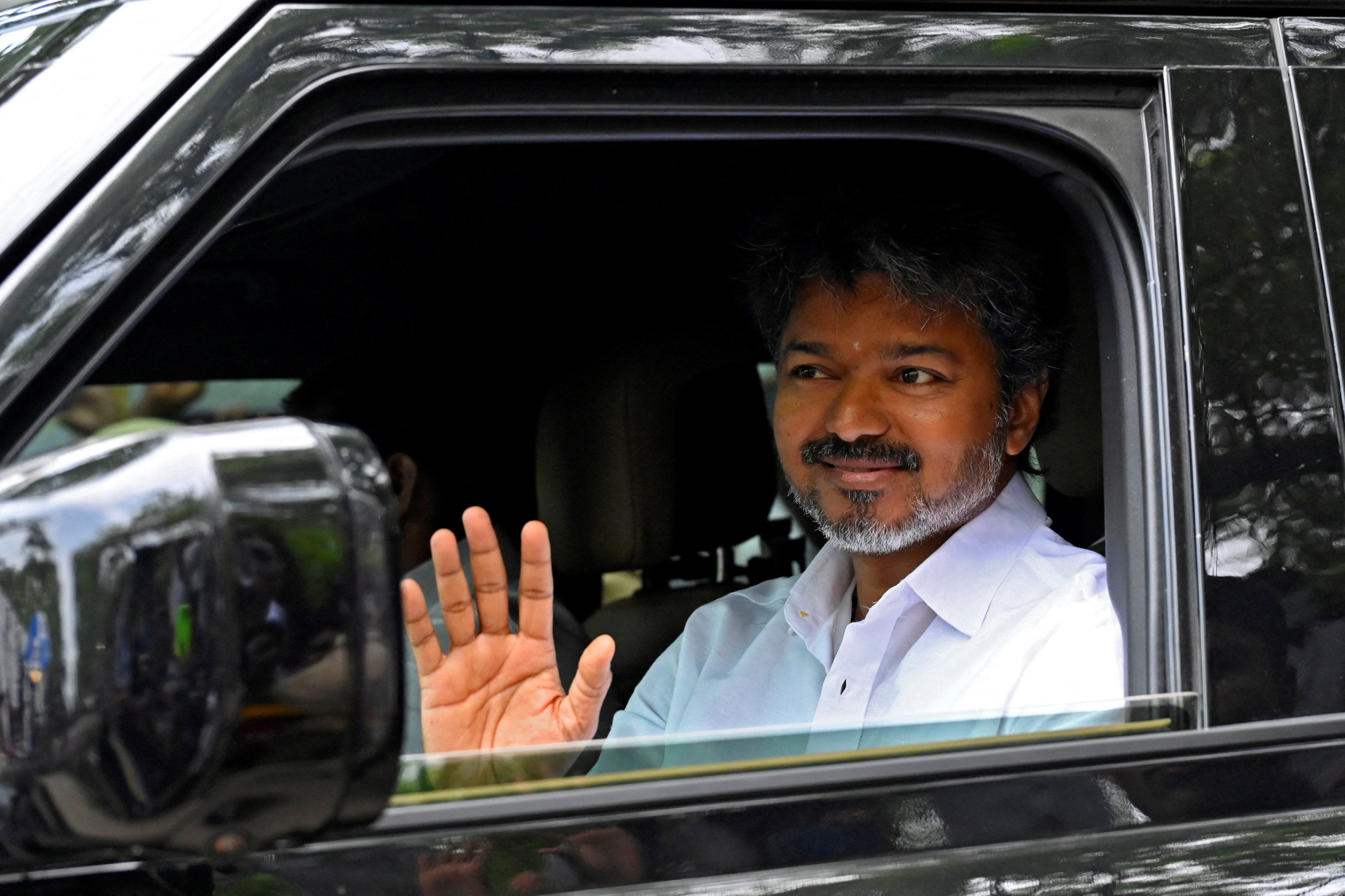 Vijay, president of Tamilaga Vettri Kazhagam, arrives at his party’s office a day winning the Tamil Nadu state election
