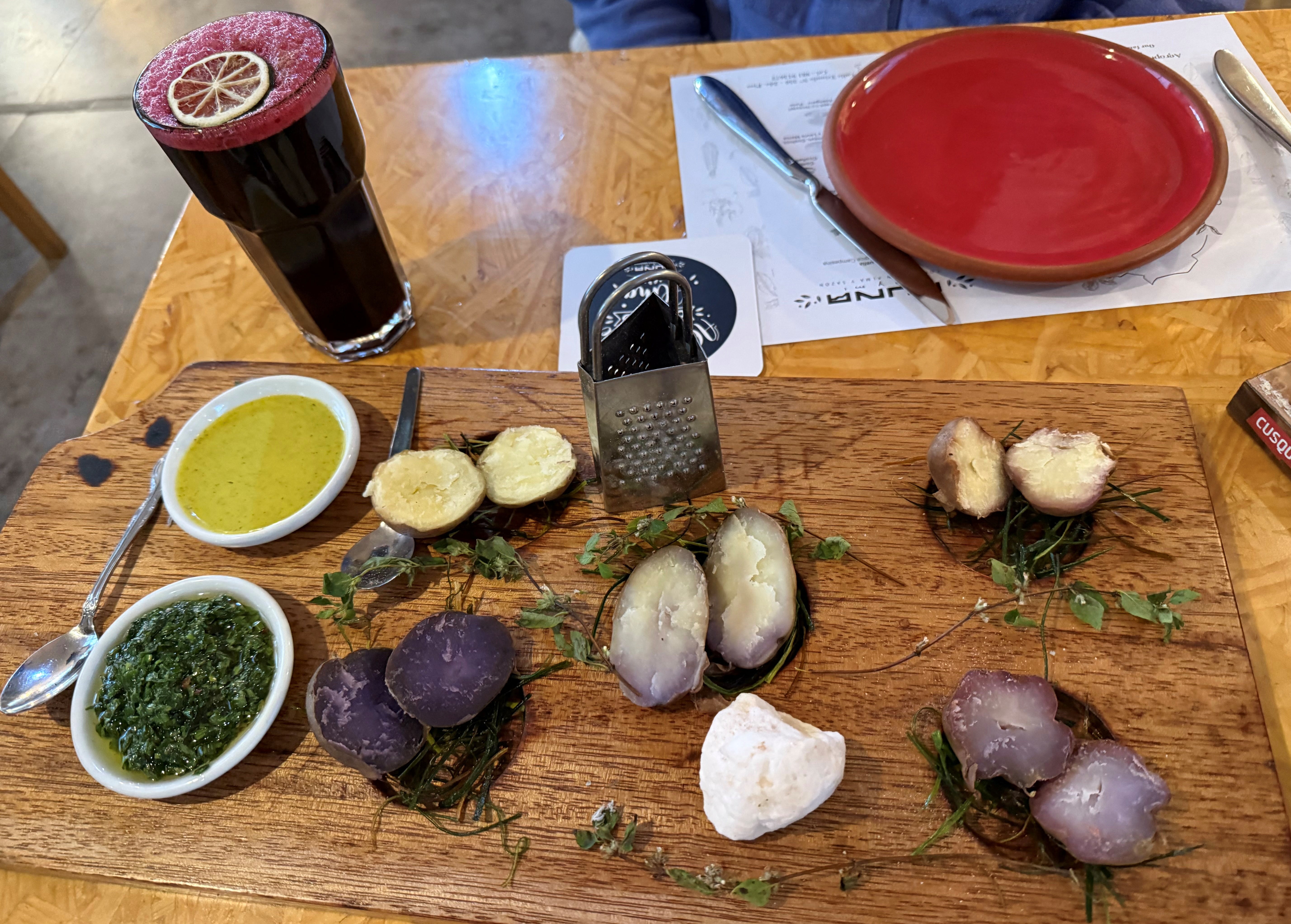 A selection of potatoes with different colors of flesh is served at a restaurant in Cusco, Peru, July 15, 2025