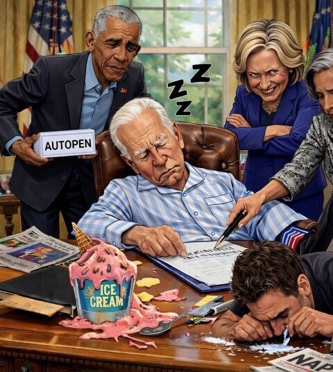 Trump’s latest Truth Social post features an AI image of former President Joe Biden asleep at his Oval Office desk while former President Barack Obama holds an autopen, an aide forges Biden’s signature, Hillary Clinton looks on while Hunter Biden does drugs